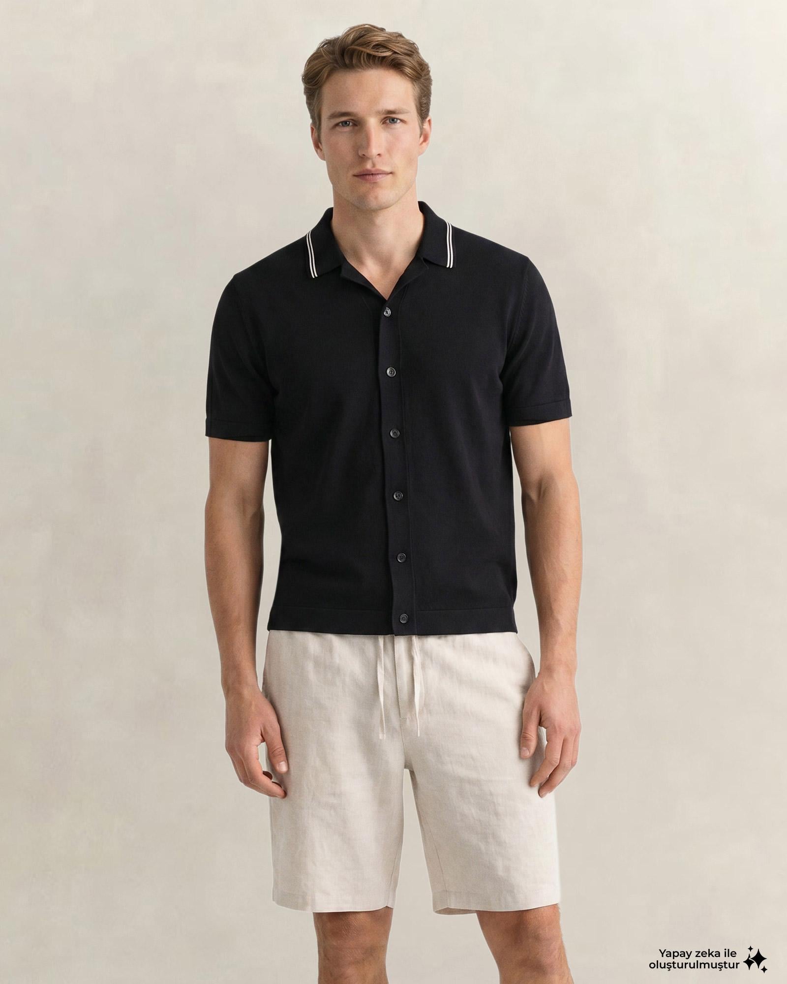 GANT Erkek Siyah Regular Fit Kısa Kollu Resort Yaka Gömlek