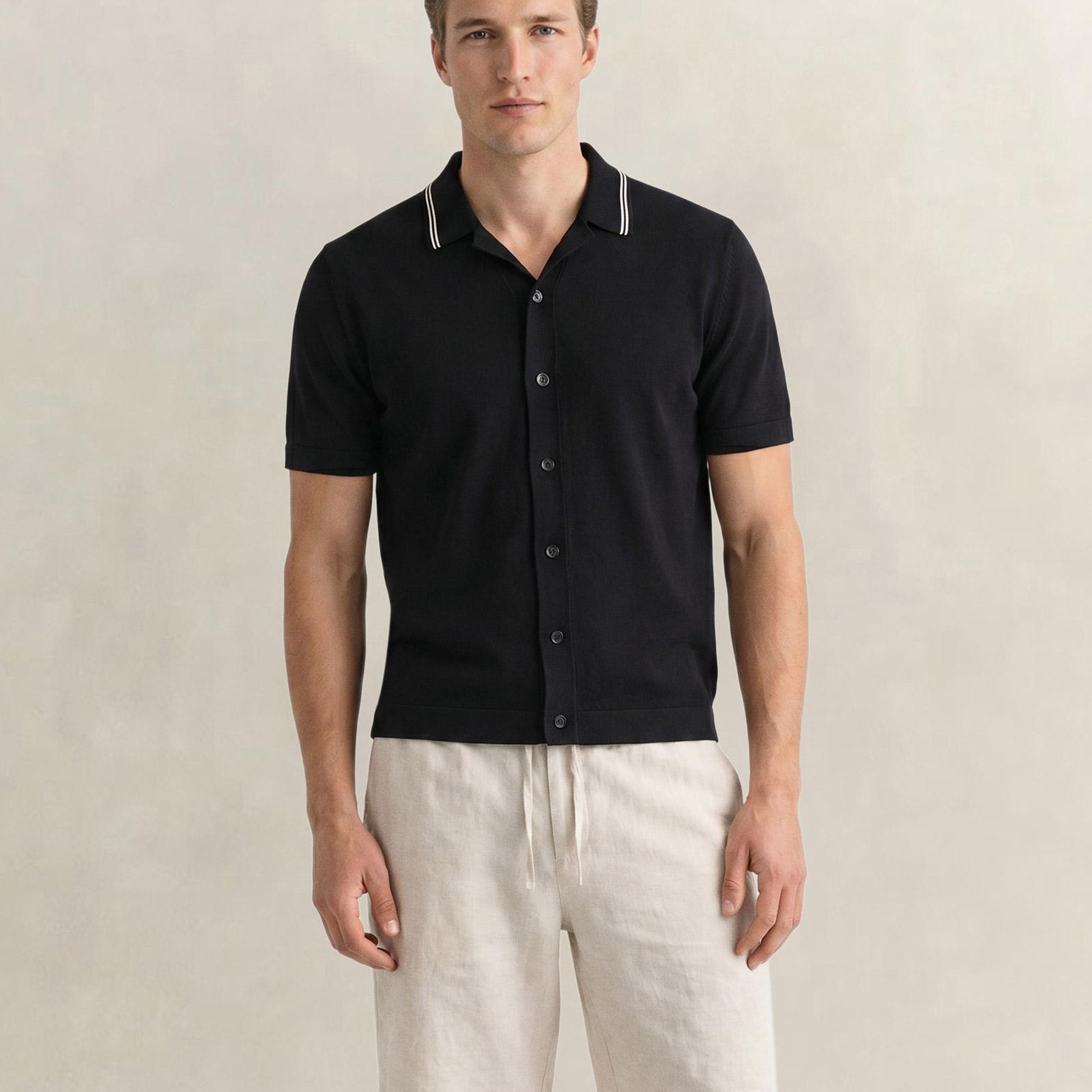 GANT Erkek Siyah Regular Fit Kısa Kollu Resort Yaka Gömlek