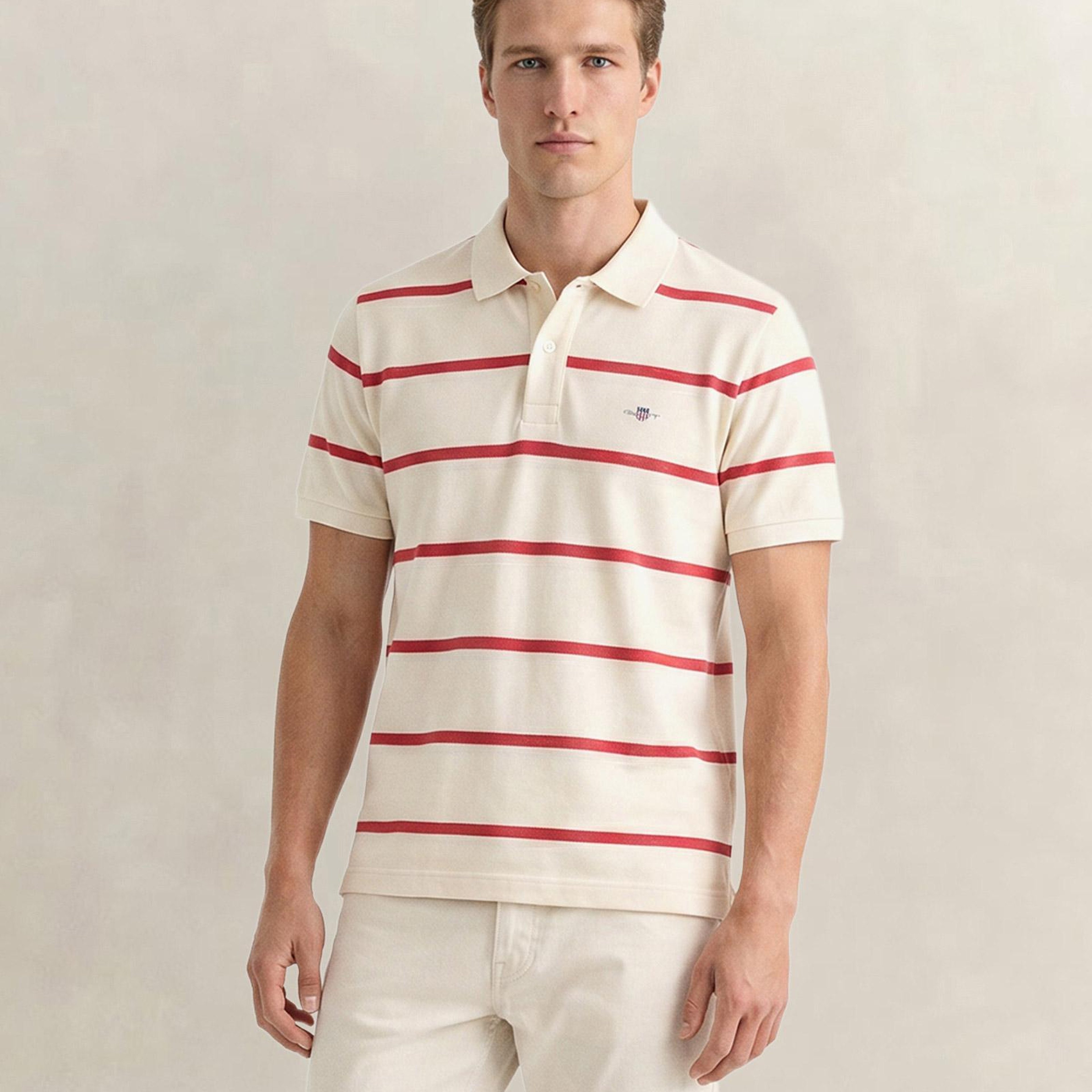 GANT Erkek Krem Regular Fit Çizgili Logolu Polo Yaka T-Shirt