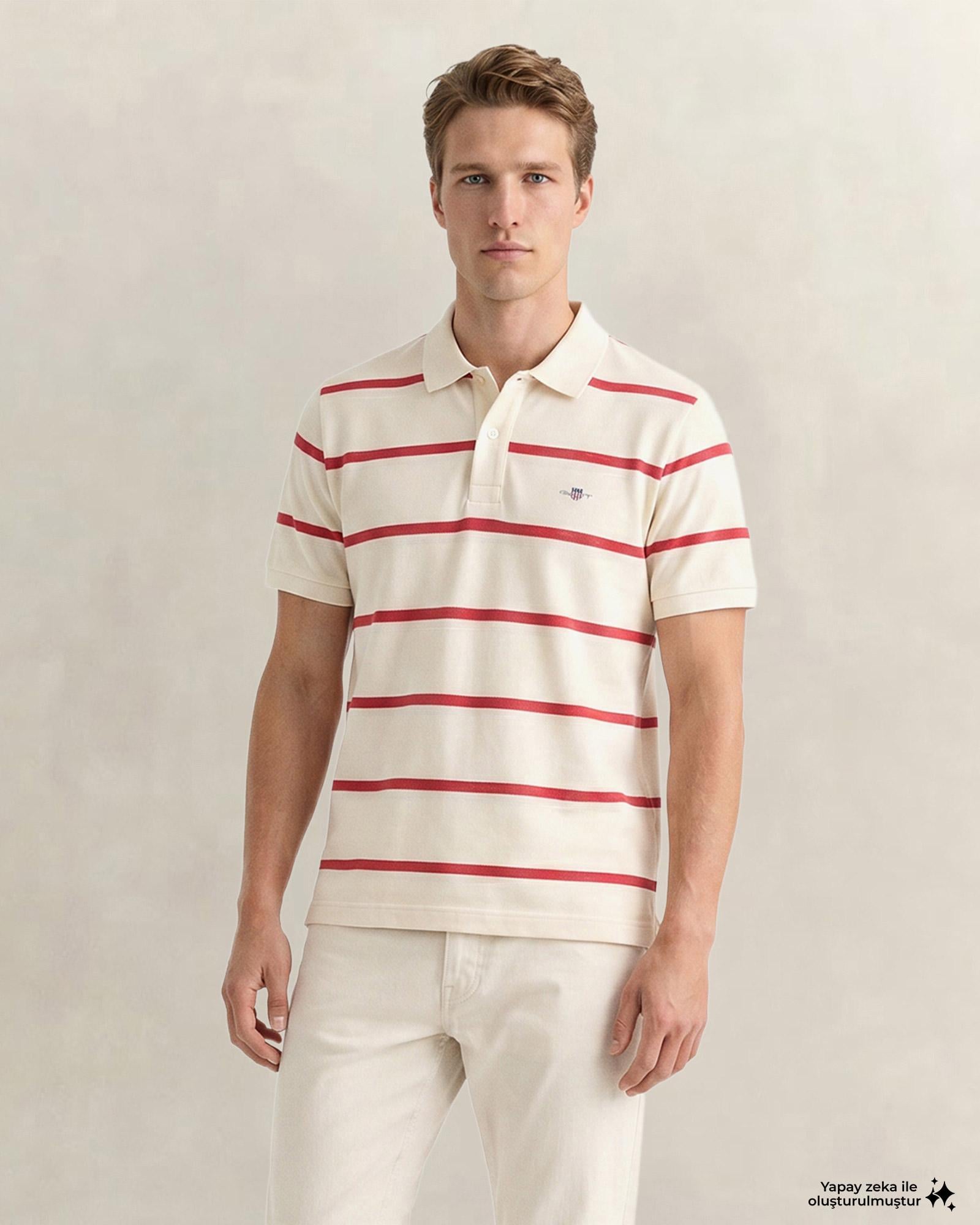 GANT Erkek Krem Regular Fit Çizgili Logolu Polo Yaka T-Shirt