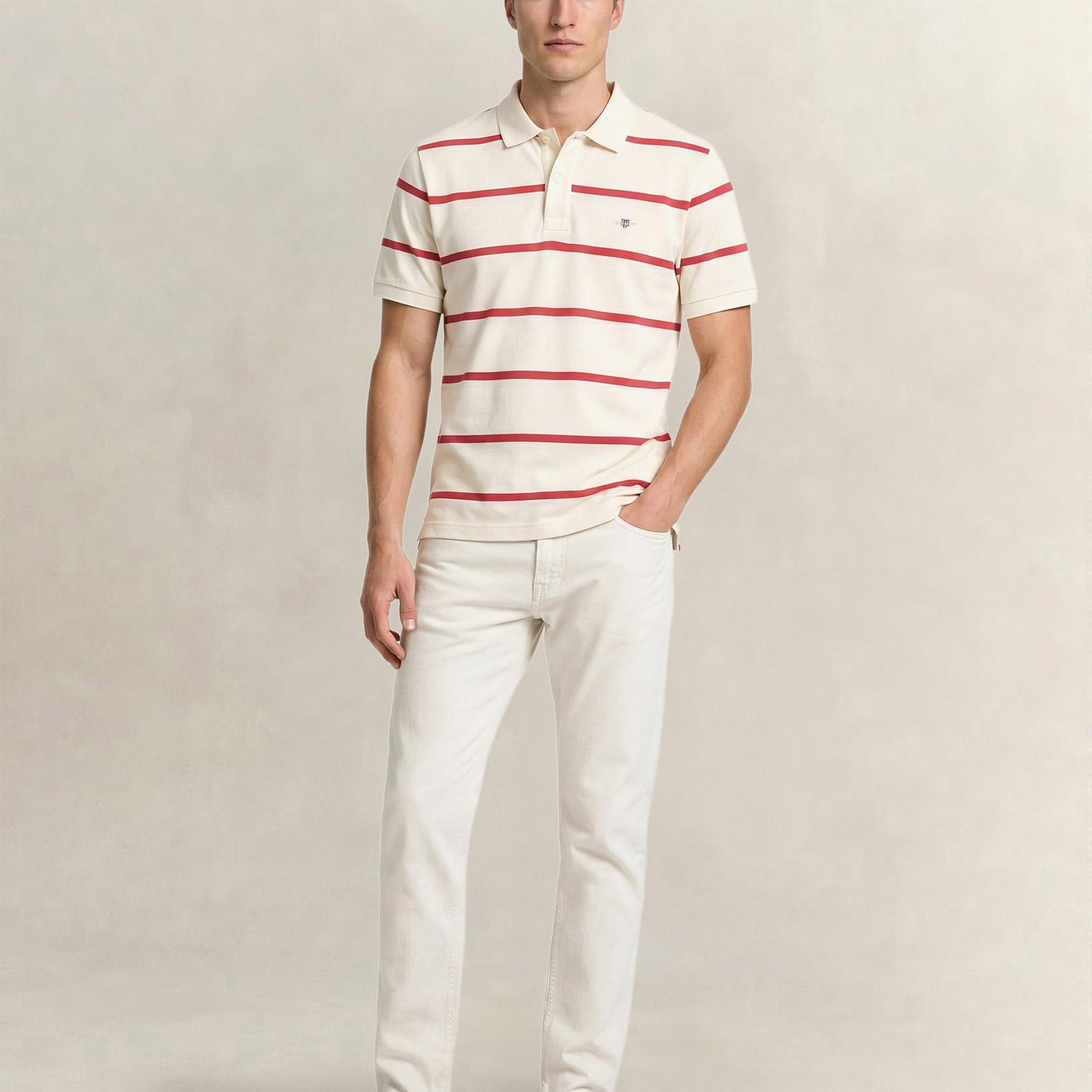 GANT Erkek Krem Regular Fit Çizgili Logolu Polo Yaka T-Shirt