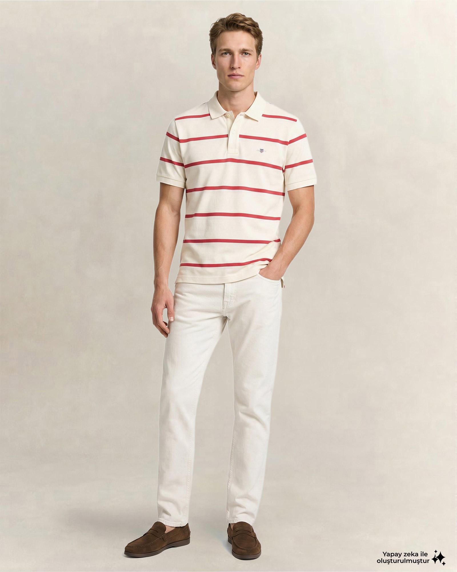 GANT Erkek Krem Regular Fit Çizgili Logolu Polo Yaka T-Shirt