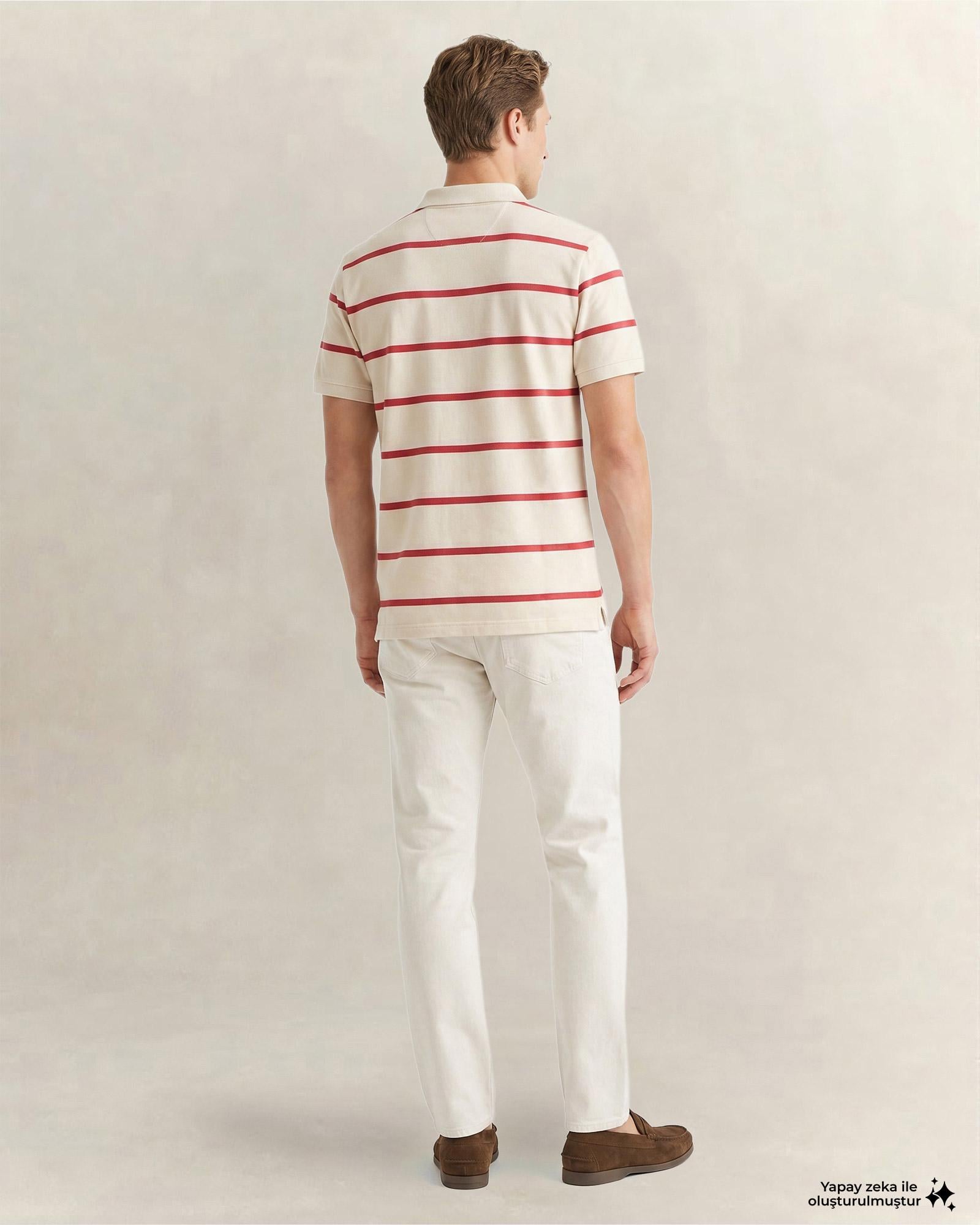 GANT Erkek Krem Regular Fit Çizgili Logolu Polo Yaka T-Shirt