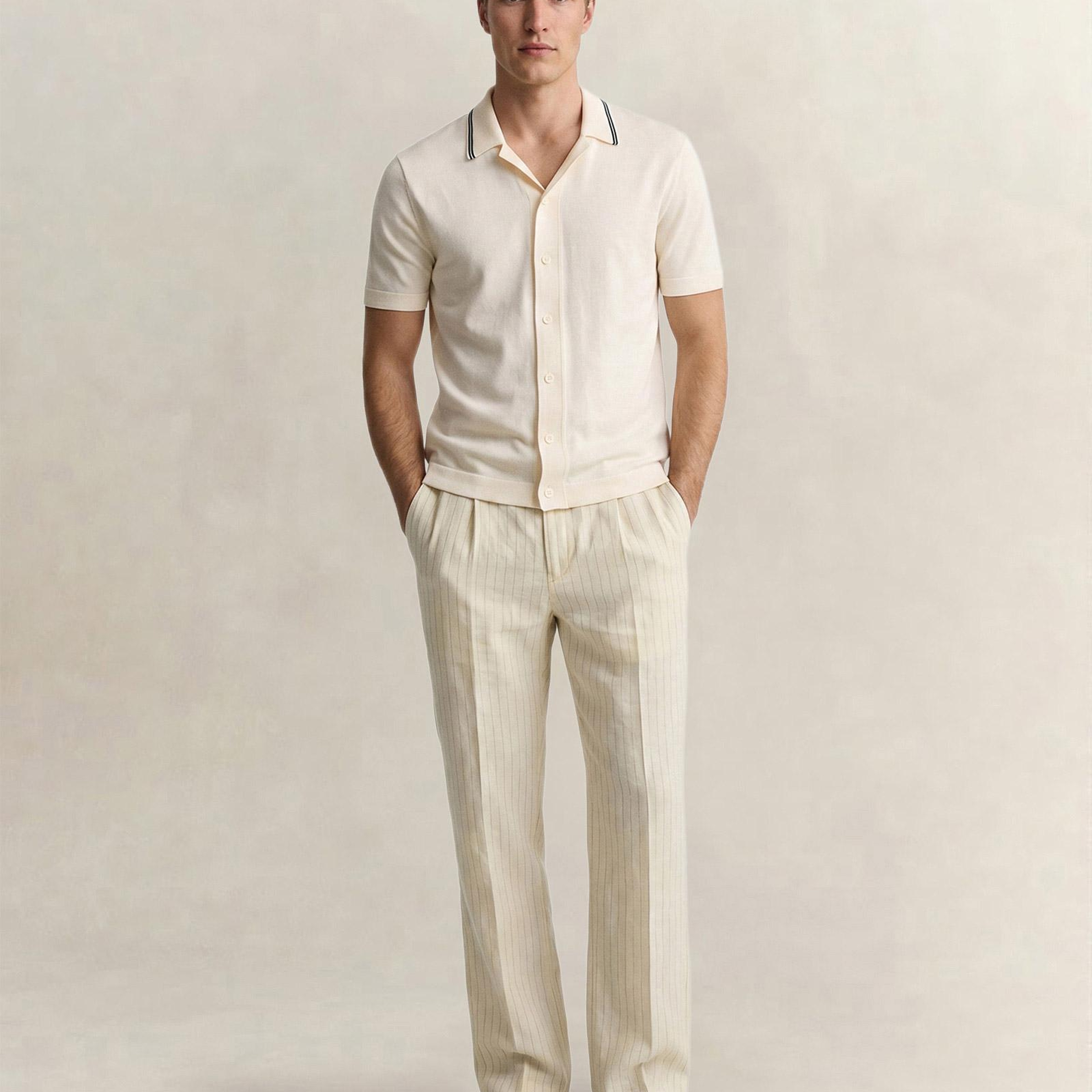 GANT Erkek Krem Regular Fit Çizgili Pantolon