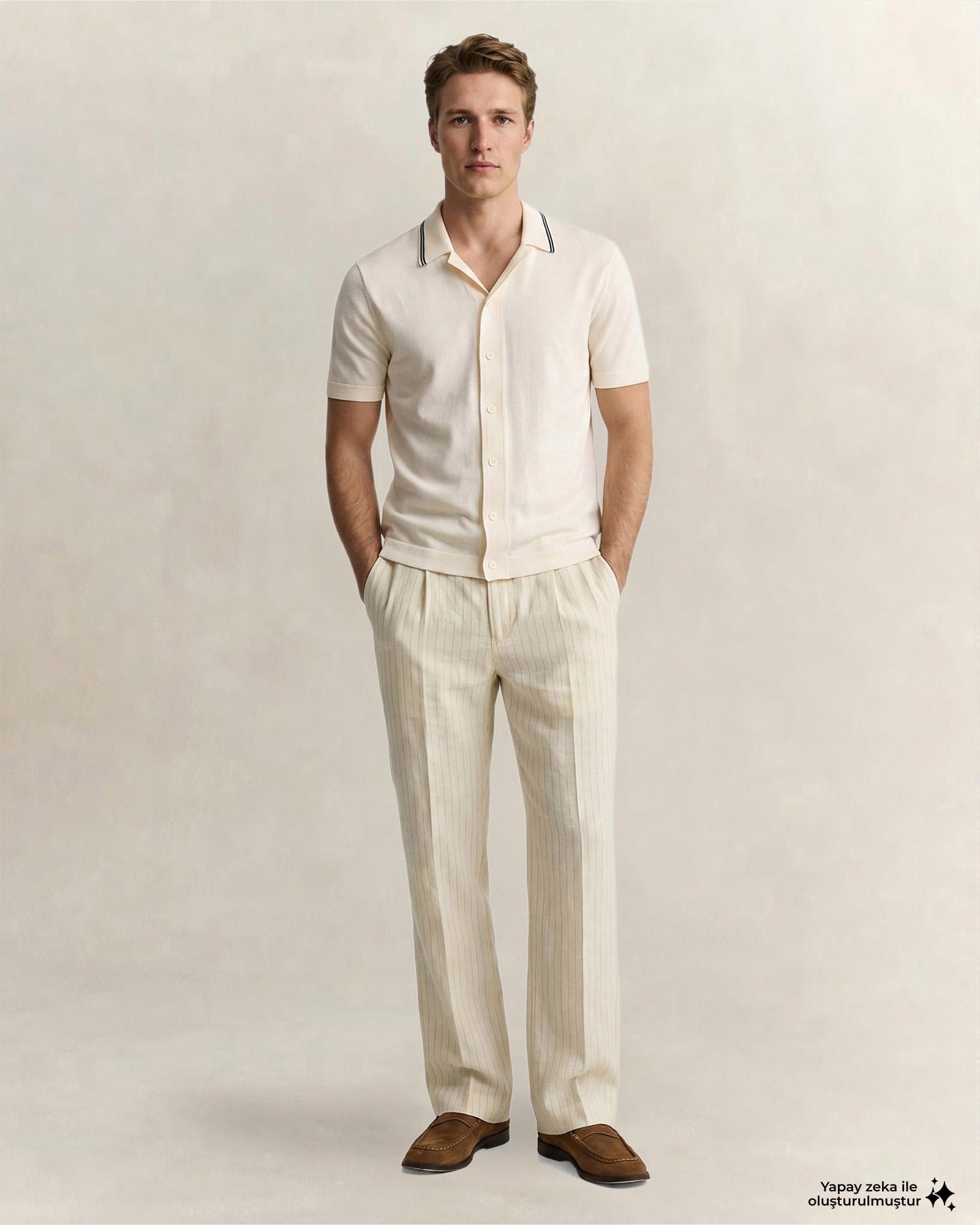 GANT Erkek Krem Regular Fit Çizgili Pantolon