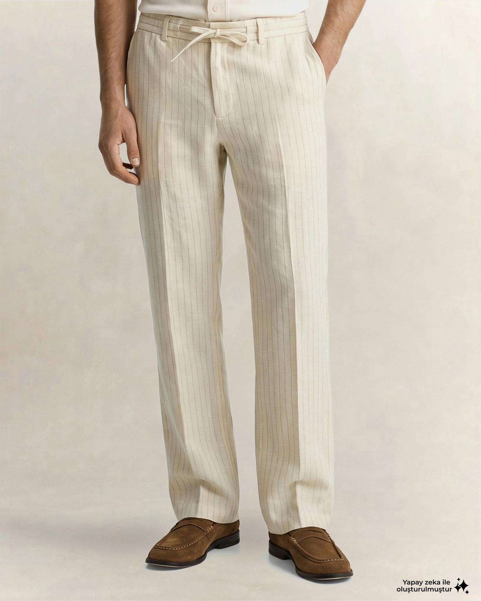 GANT Erkek Krem Regular Fit Çizgili Pantolon