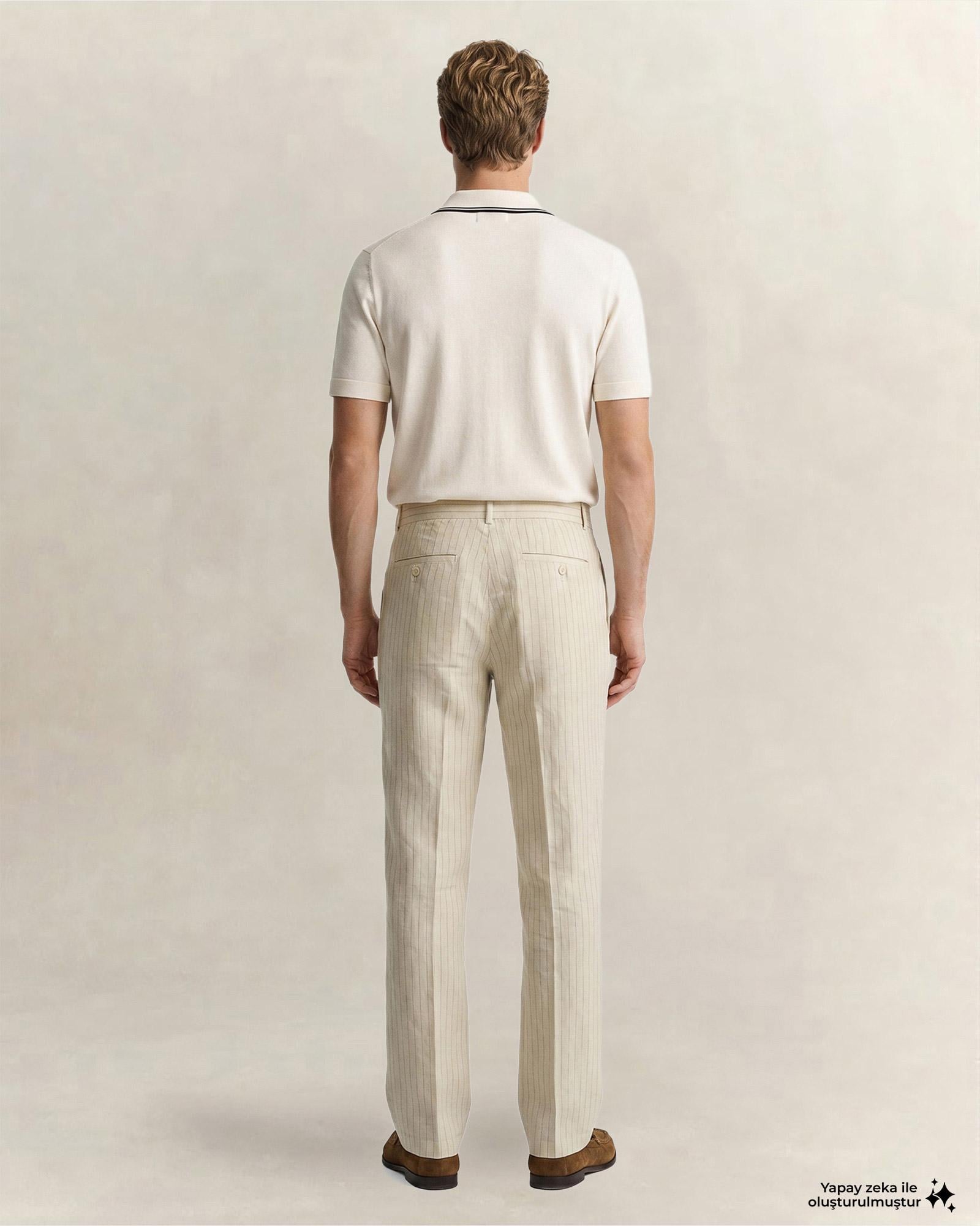 GANT Erkek Krem Regular Fit Çizgili Pantolon