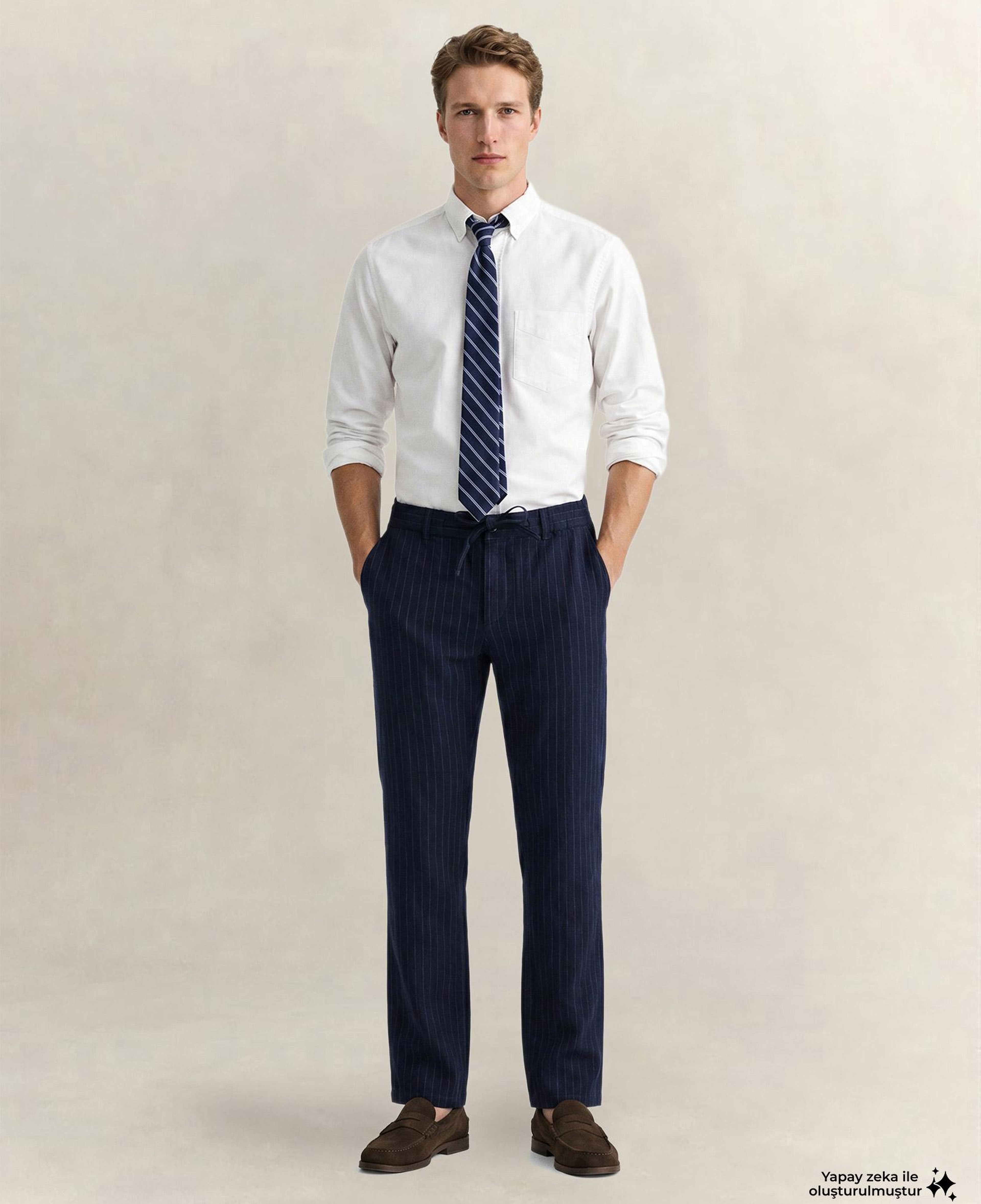 GANT Erkek Lacivert Regular Fit Çizgili Pantolon