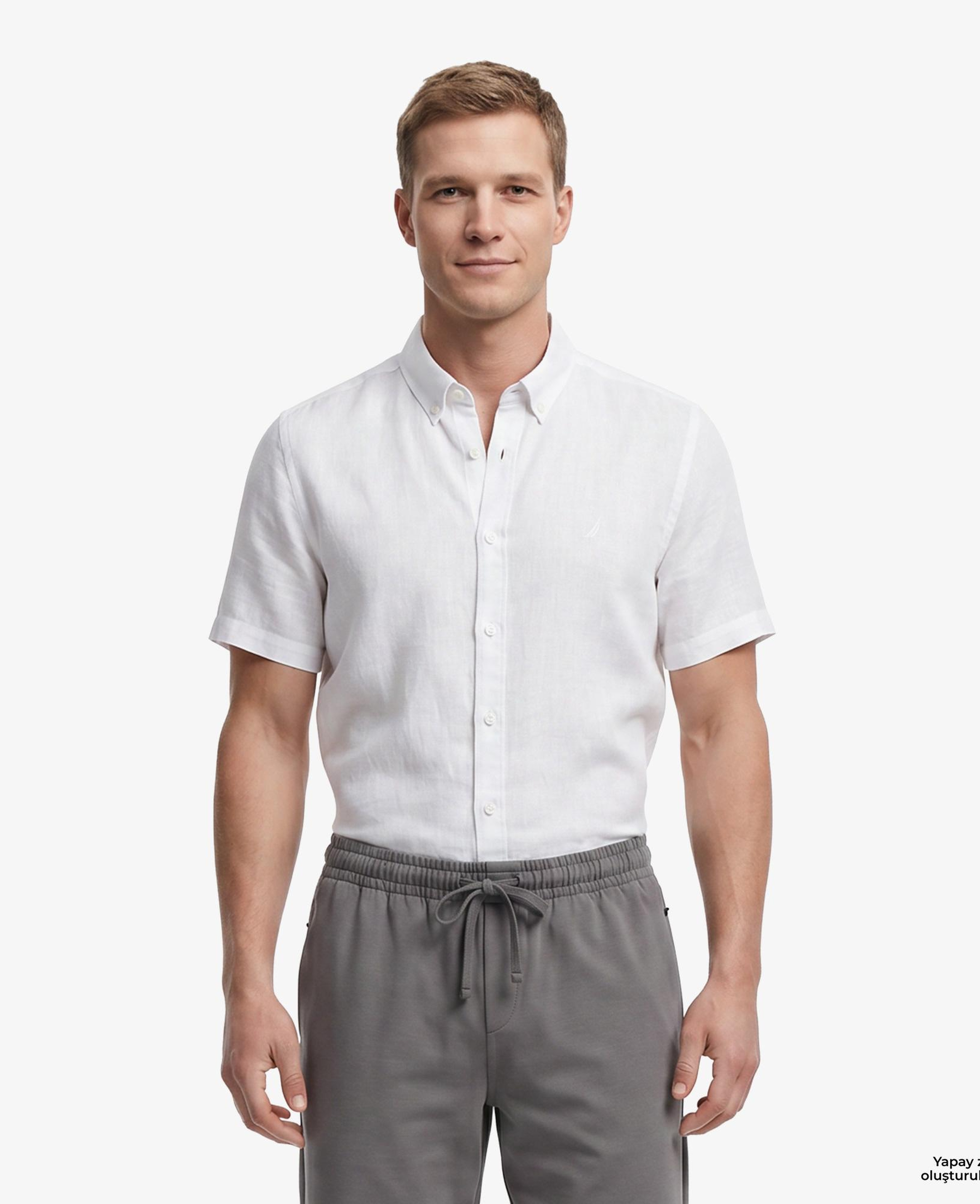 Nautica Erkek Açık Gri Regular Fit Kısa Kollu Keten Gömlek
