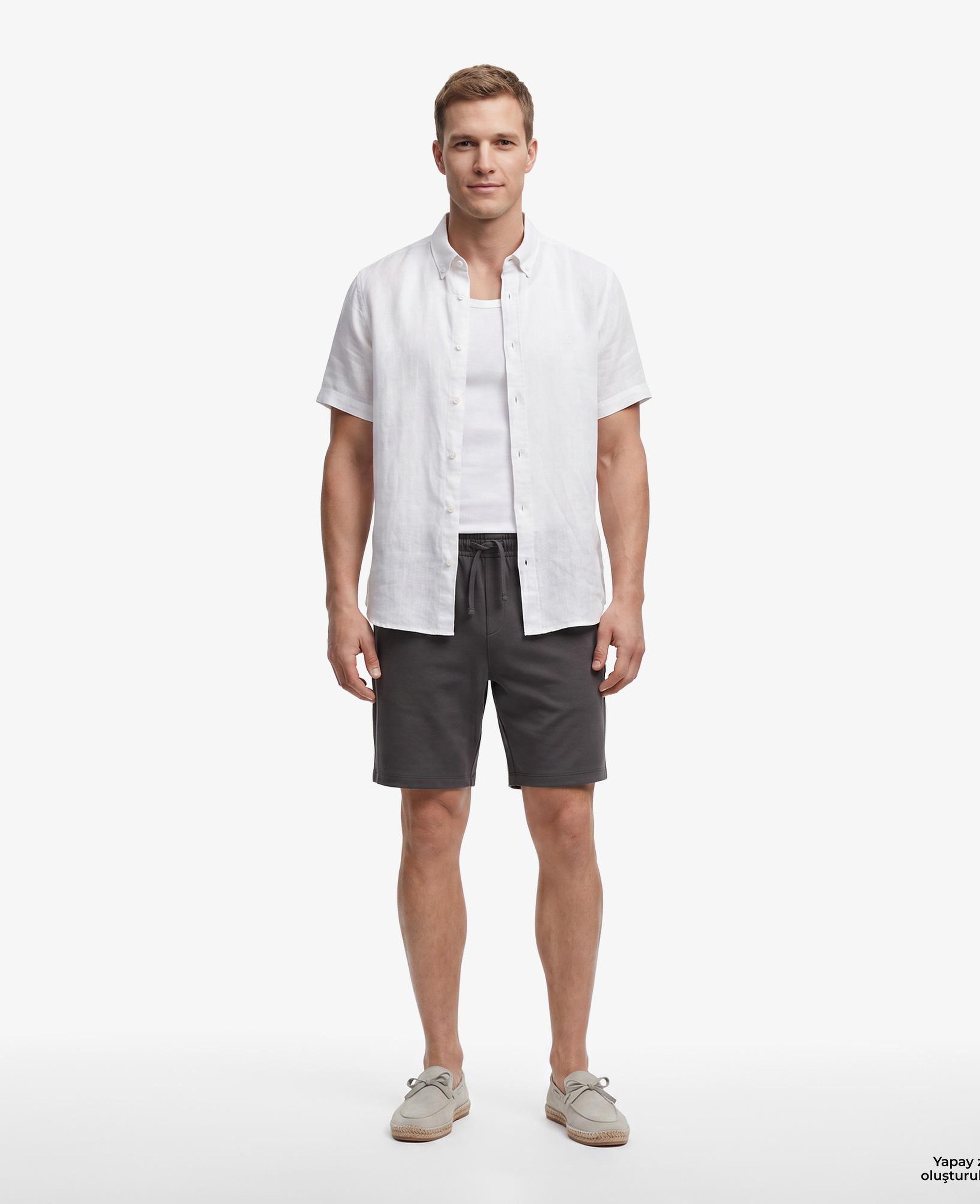 Nautica Erkek Açık Gri Regular Fit Kısa Kollu Keten Gömlek