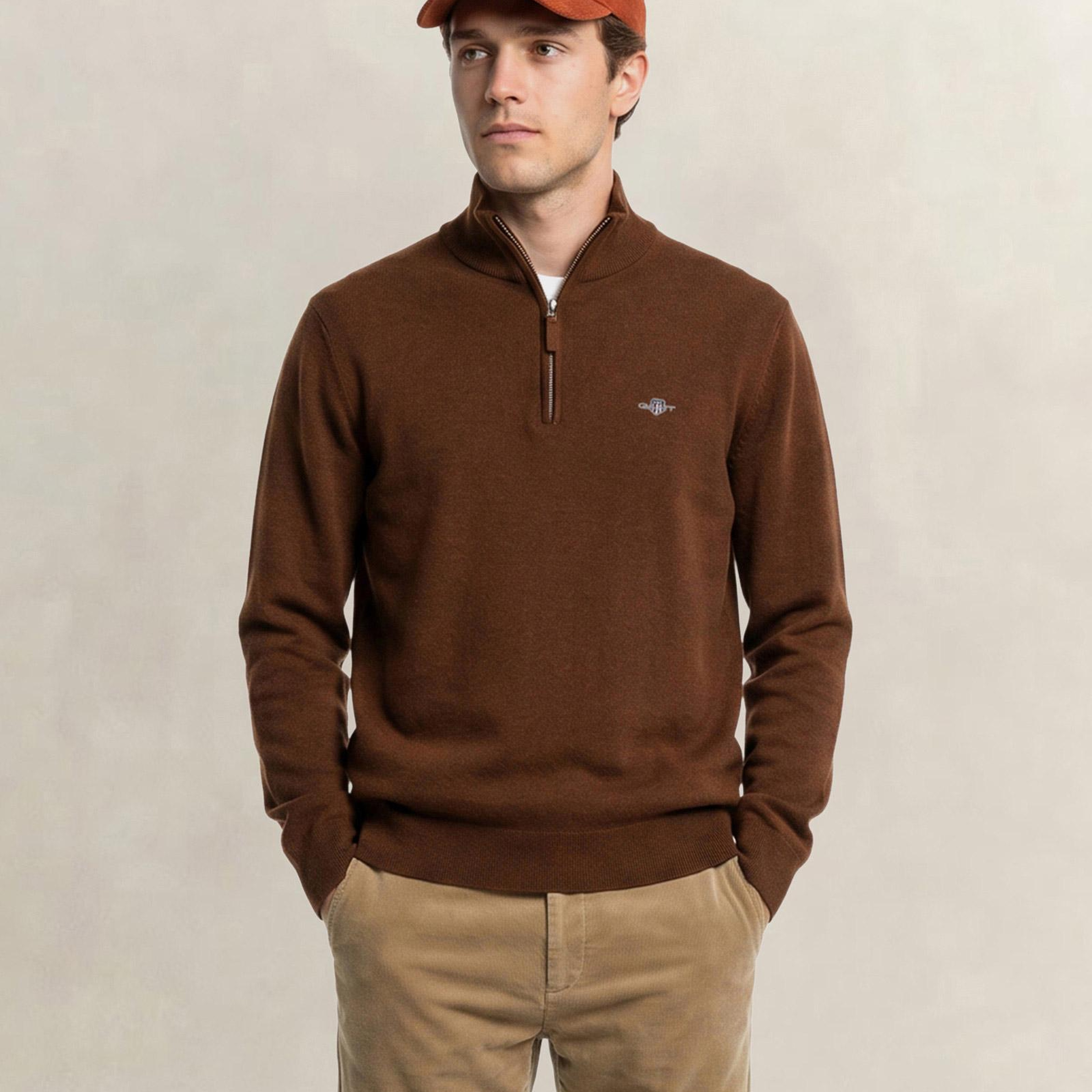 GANT Erkek Kahverengi Regular Fit Yarım Fermuarlı Yün Kazak
