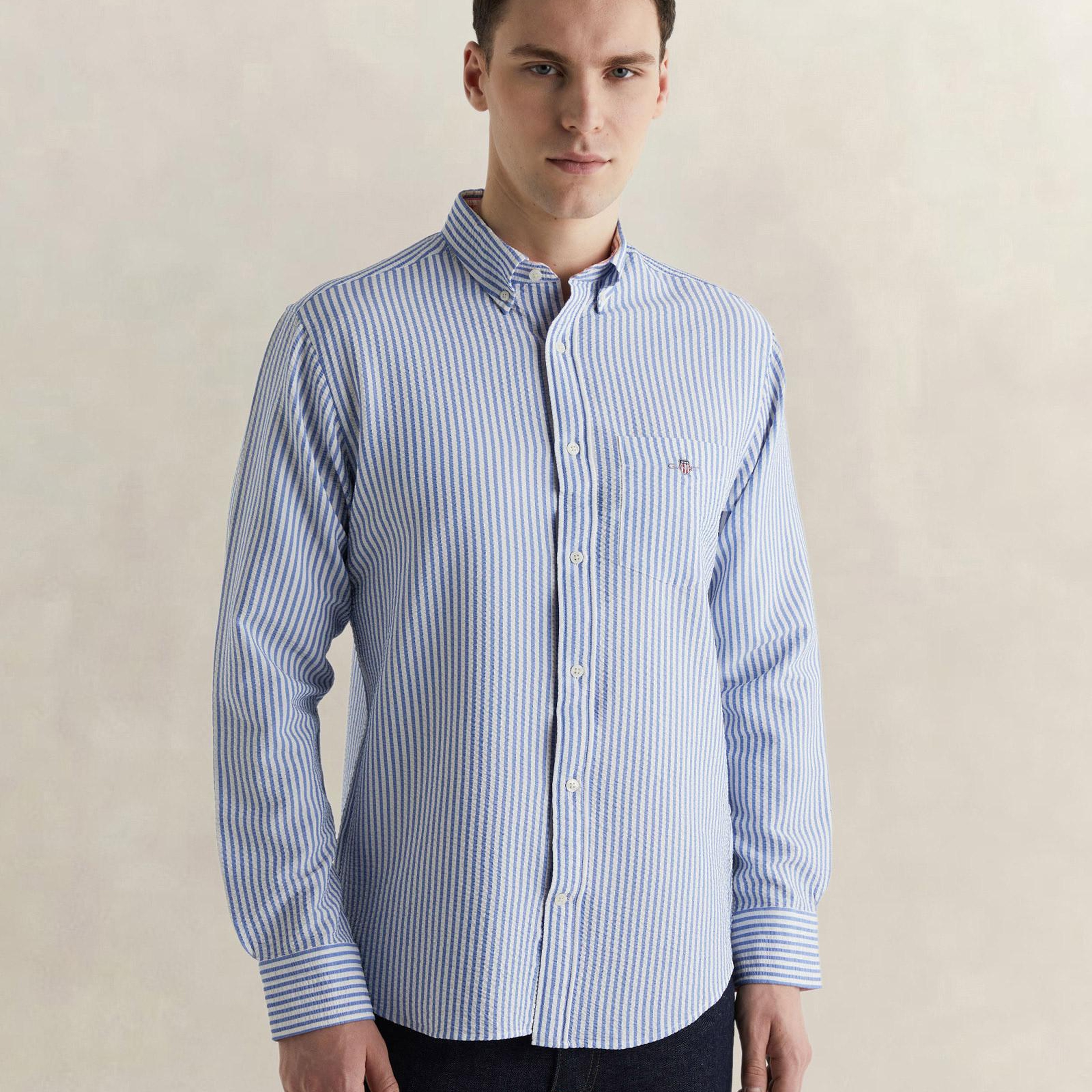 GANT Erkek Mavi Regular Fit Çizgili Logolu Gömlek