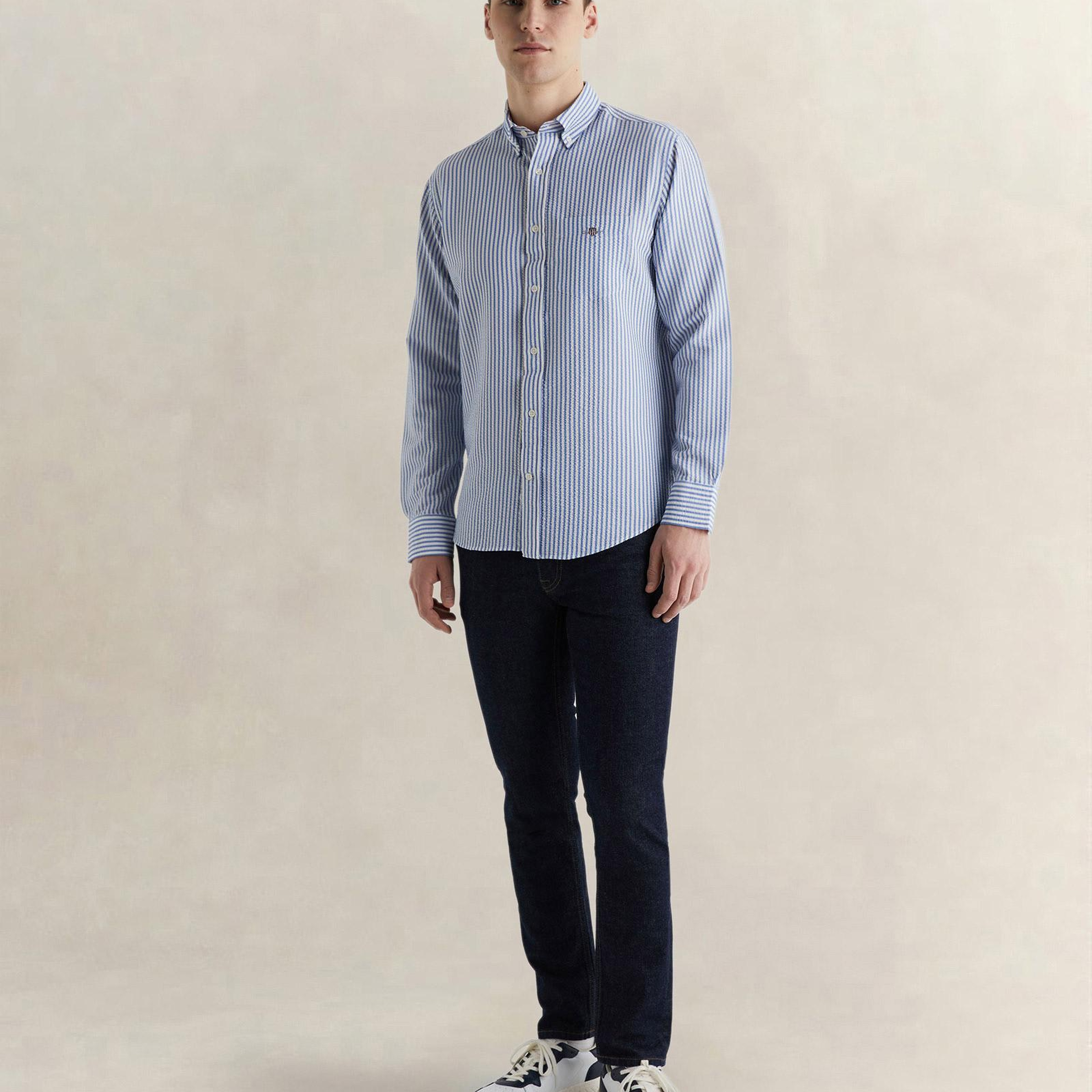 GANT Erkek Mavi Regular Fit Çizgili Logolu Gömlek