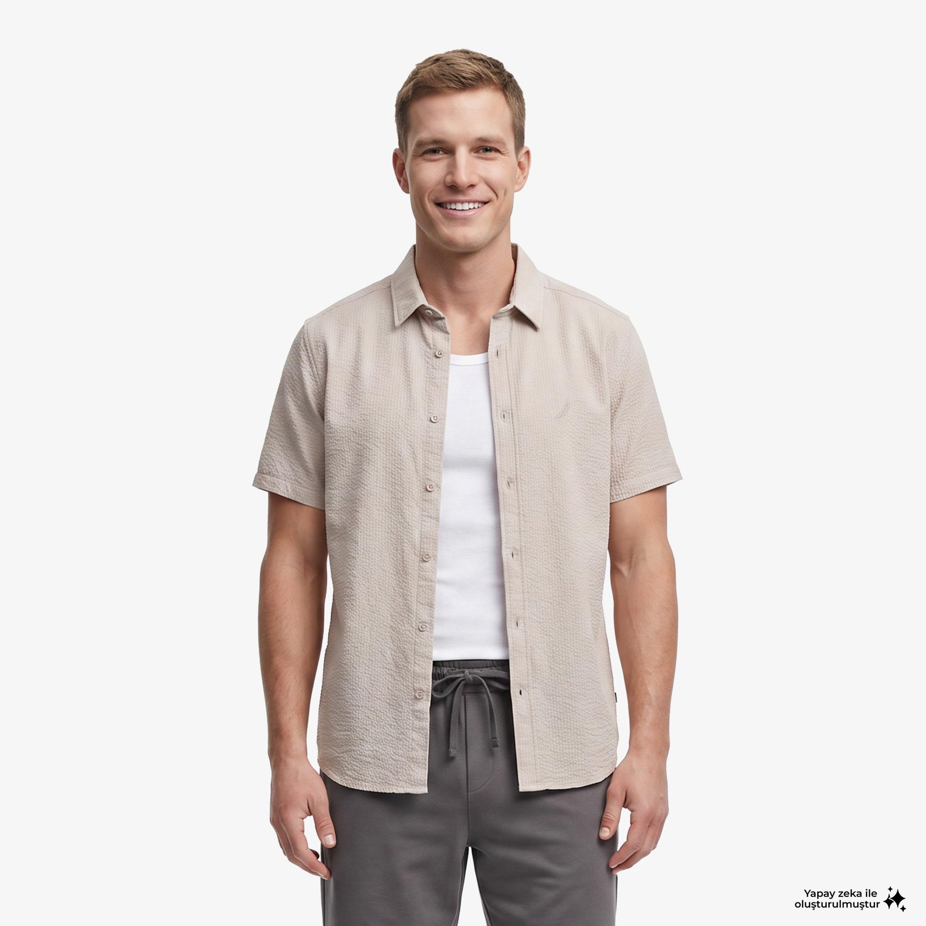 Nautica Erkek Bej Regular Fit Kısa Kollu Gömlek