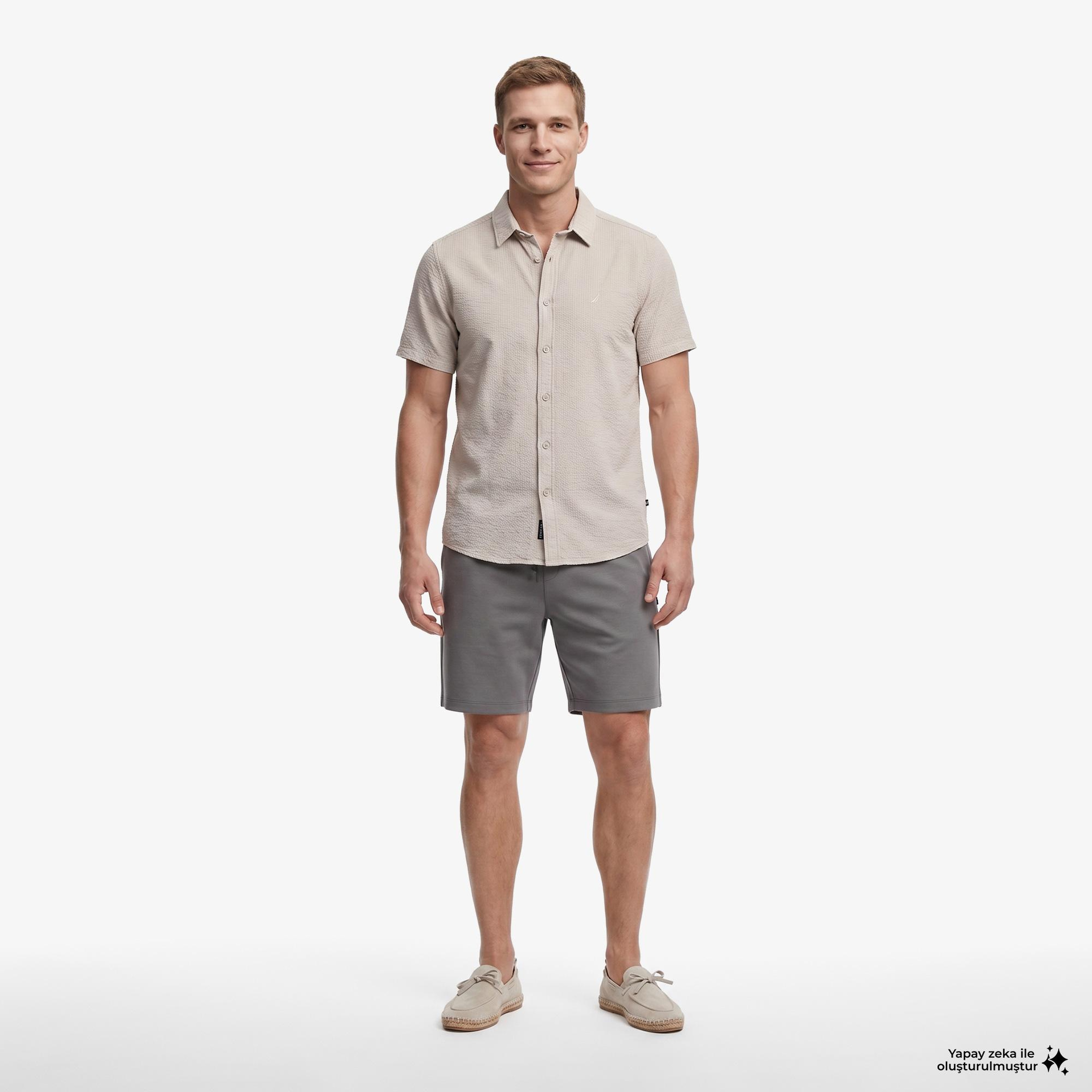 Nautica Erkek Bej Regular Fit Kısa Kollu Gömlek