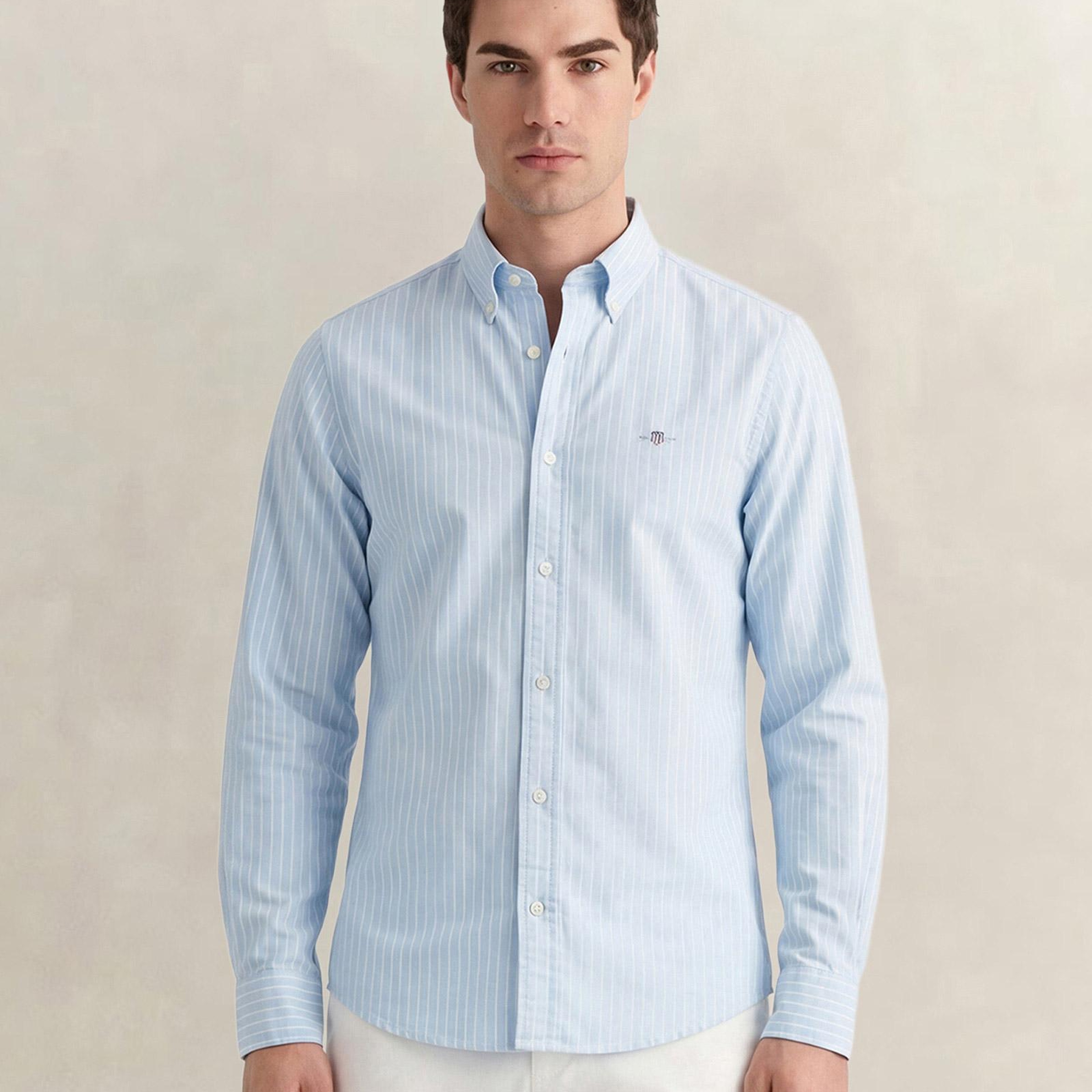 GANT Erkek Mavi Slim Fit Çizgili Logolu Gömlek