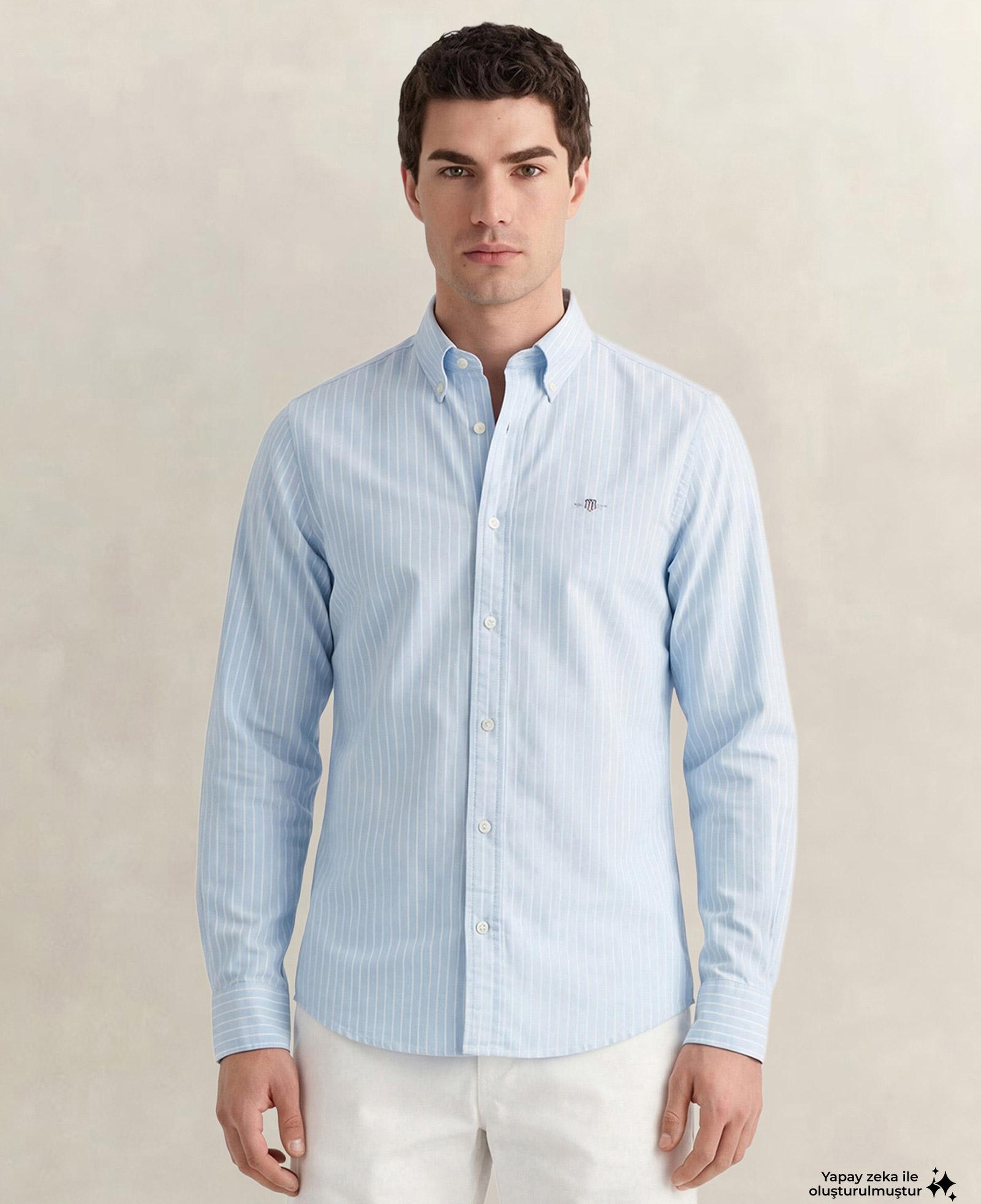 GANT Erkek Mavi Slim Fit Çizgili Logolu Gömlek