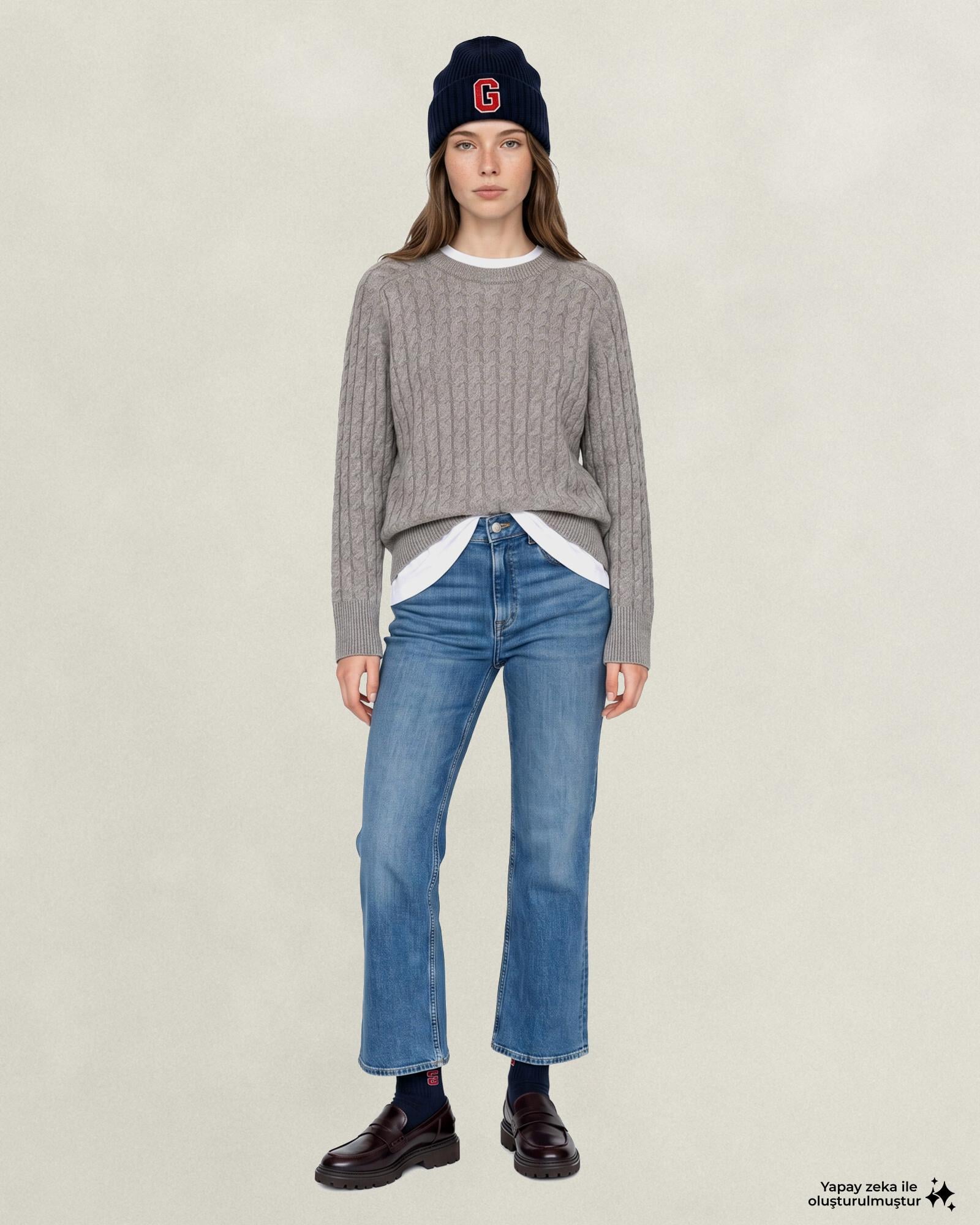 GANT Kadın Bej Relaxed Fit Bisiklet Yaka Triko