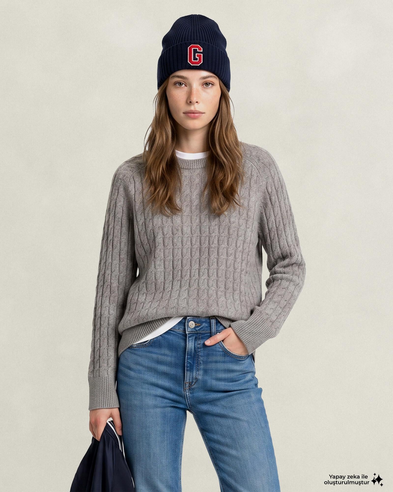 GANT Kadın Bej Relaxed Fit Bisiklet Yaka Triko