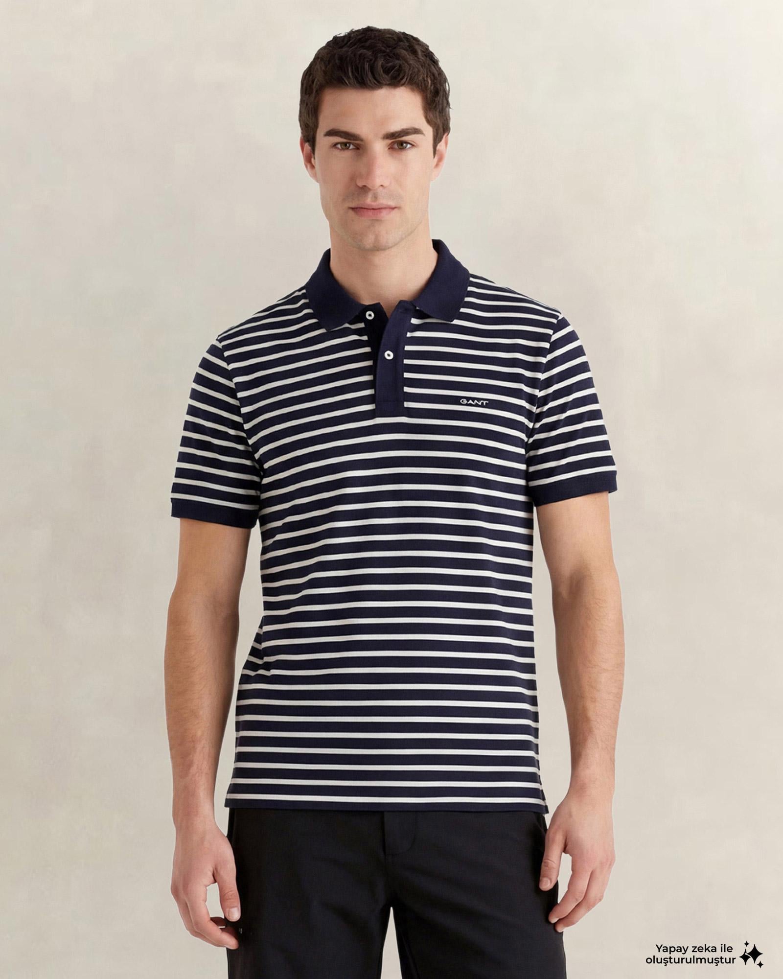 GANT Erkek Lacivert Regular Fit Çizgili Polo Yaka T-Shirt