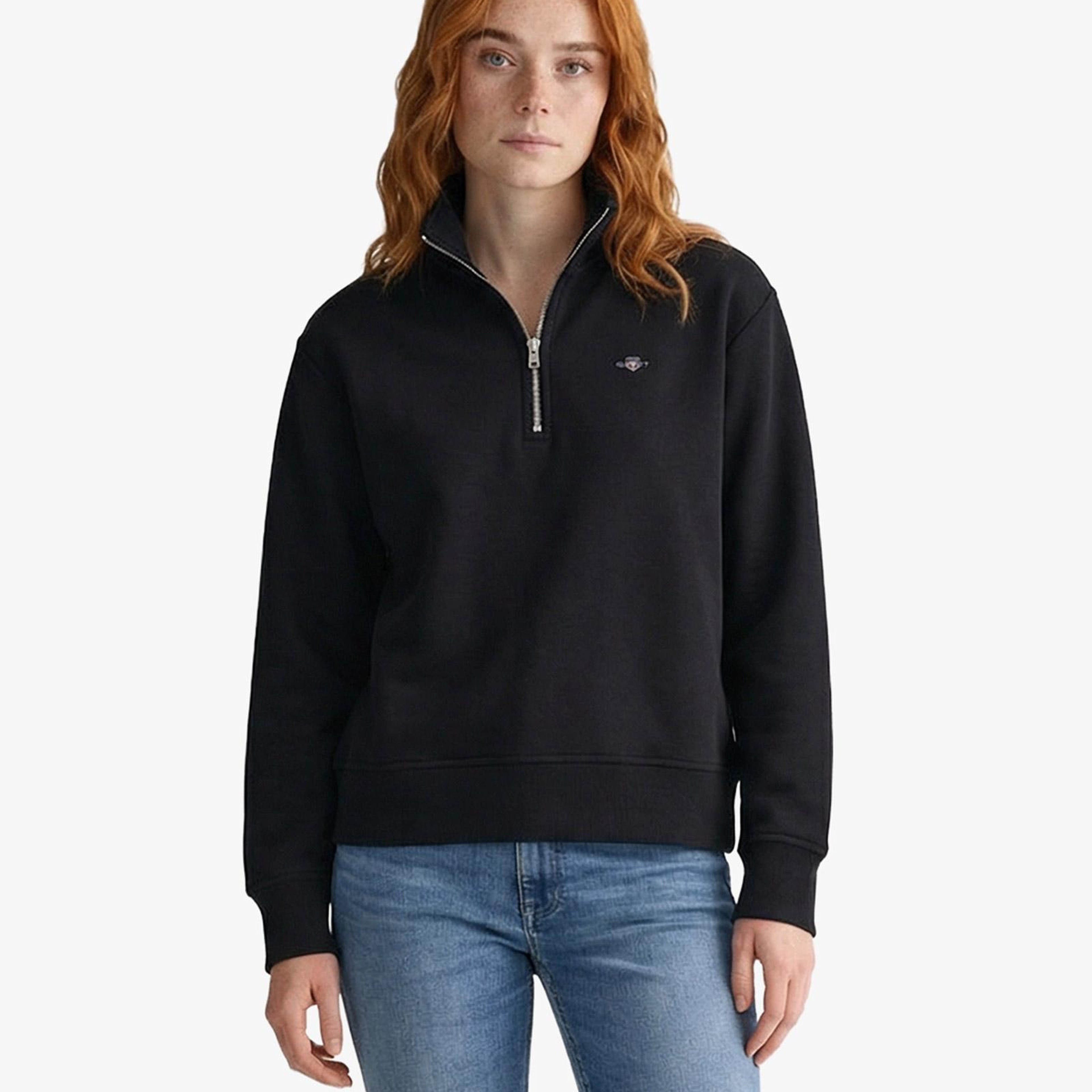 GANT Kadın Siyah Relaxed Fit Yarım Fermuarlı Sweatshirt