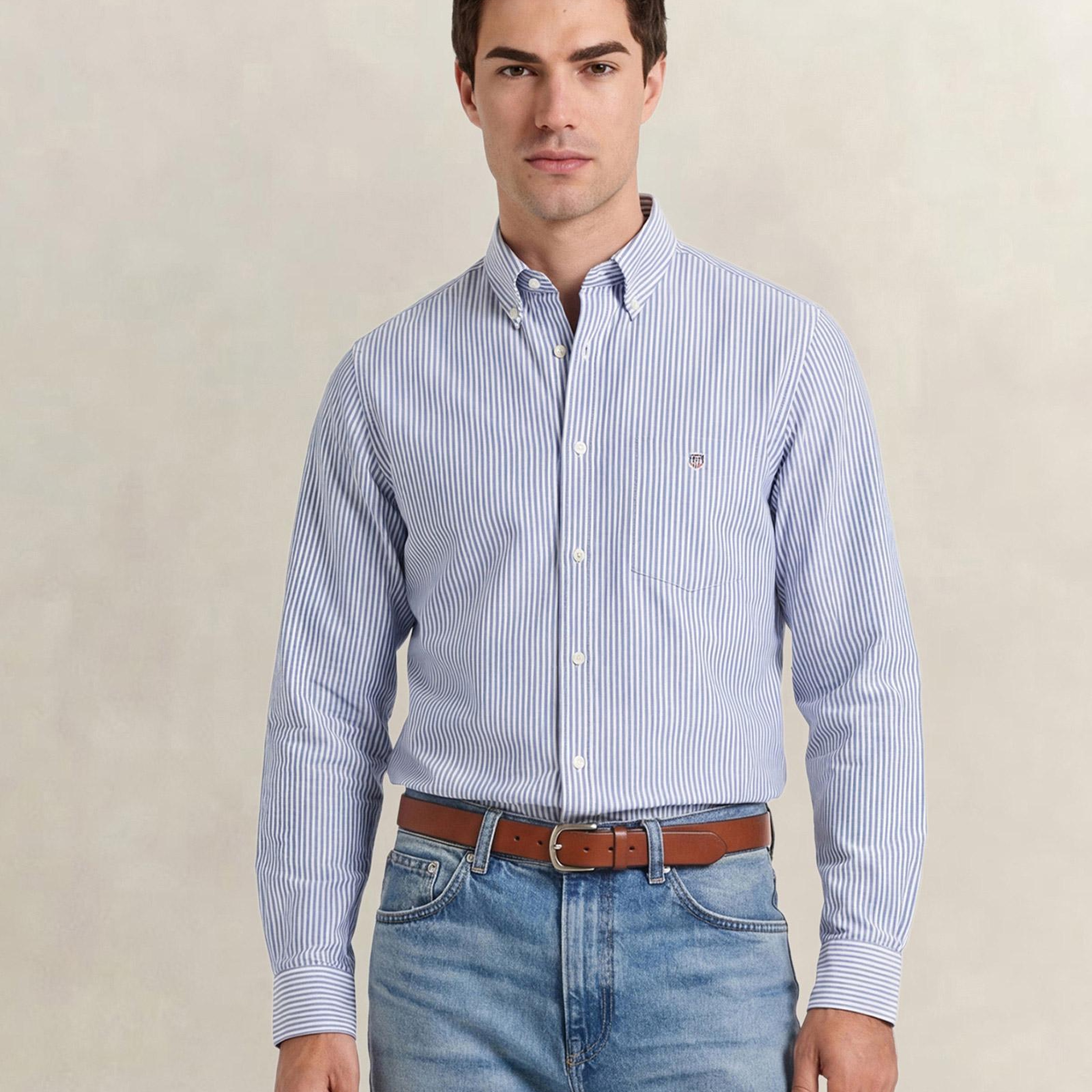 GANT Erkek Mavi Regular Fit Çizgili Logolu Gömlek