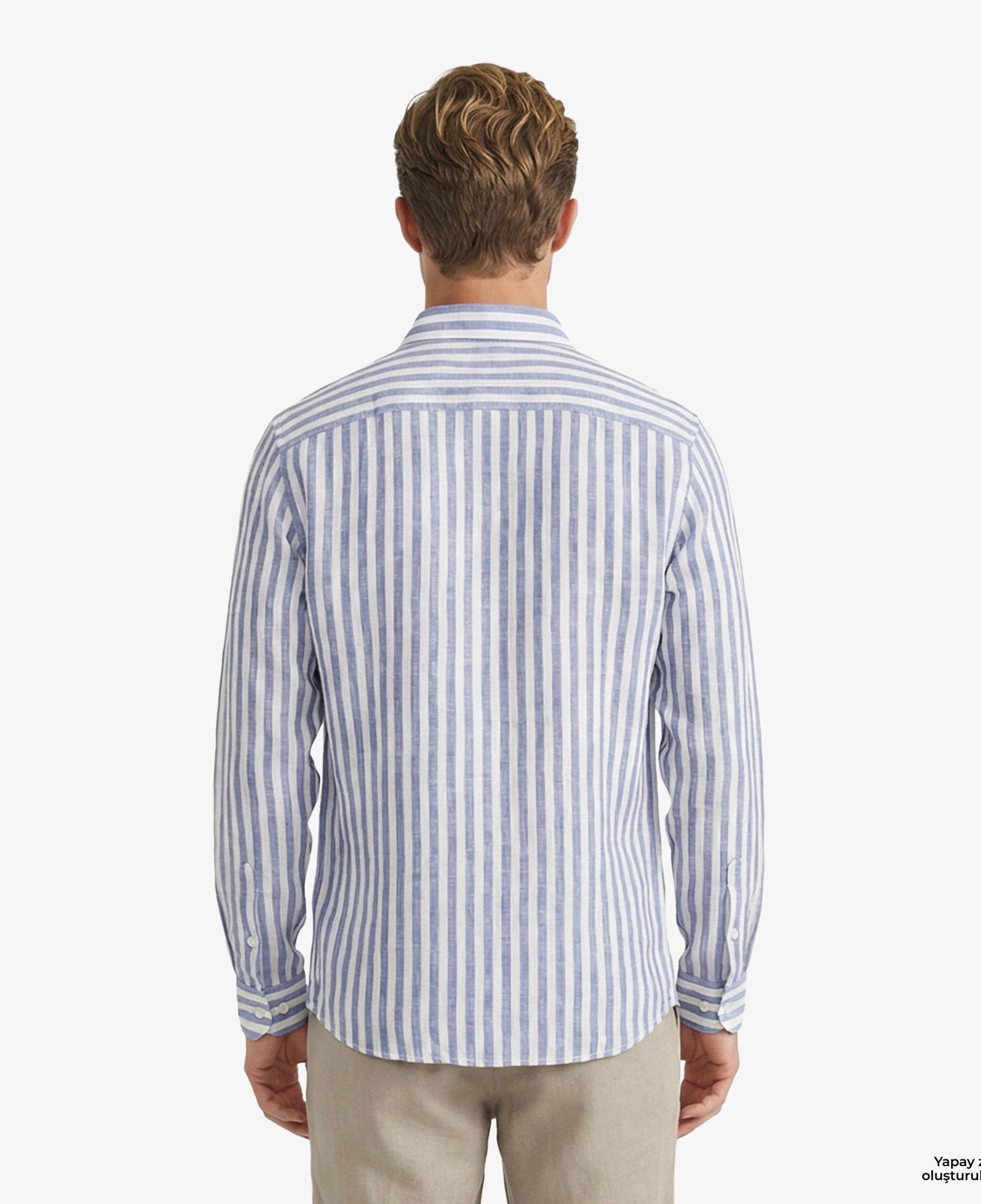 Nautica Erkek Koyu Mavi Regular Fit Çizgili Keten Gömlek