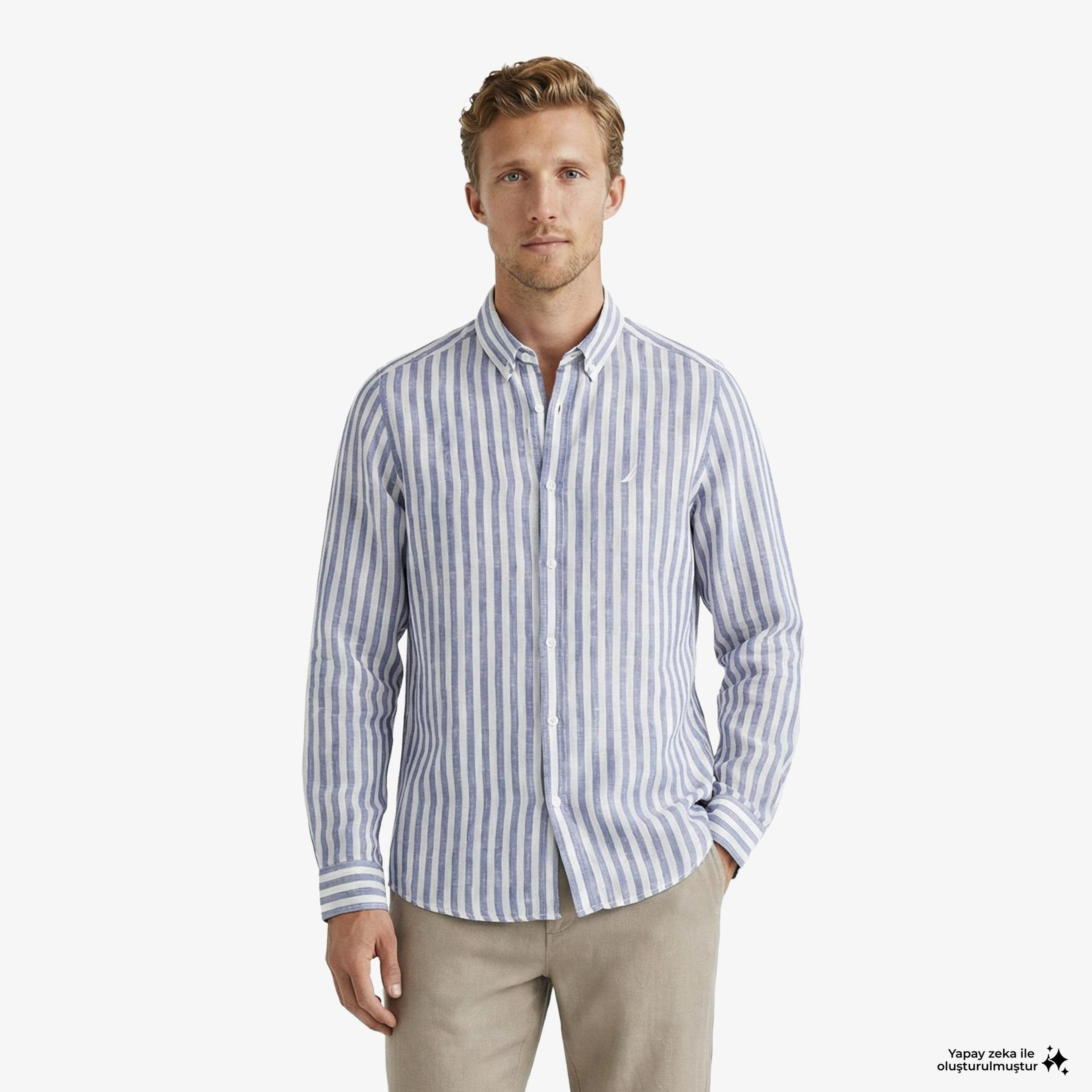 Nautica Erkek Koyu Mavi Regular Fit Çizgili Keten Gömlek