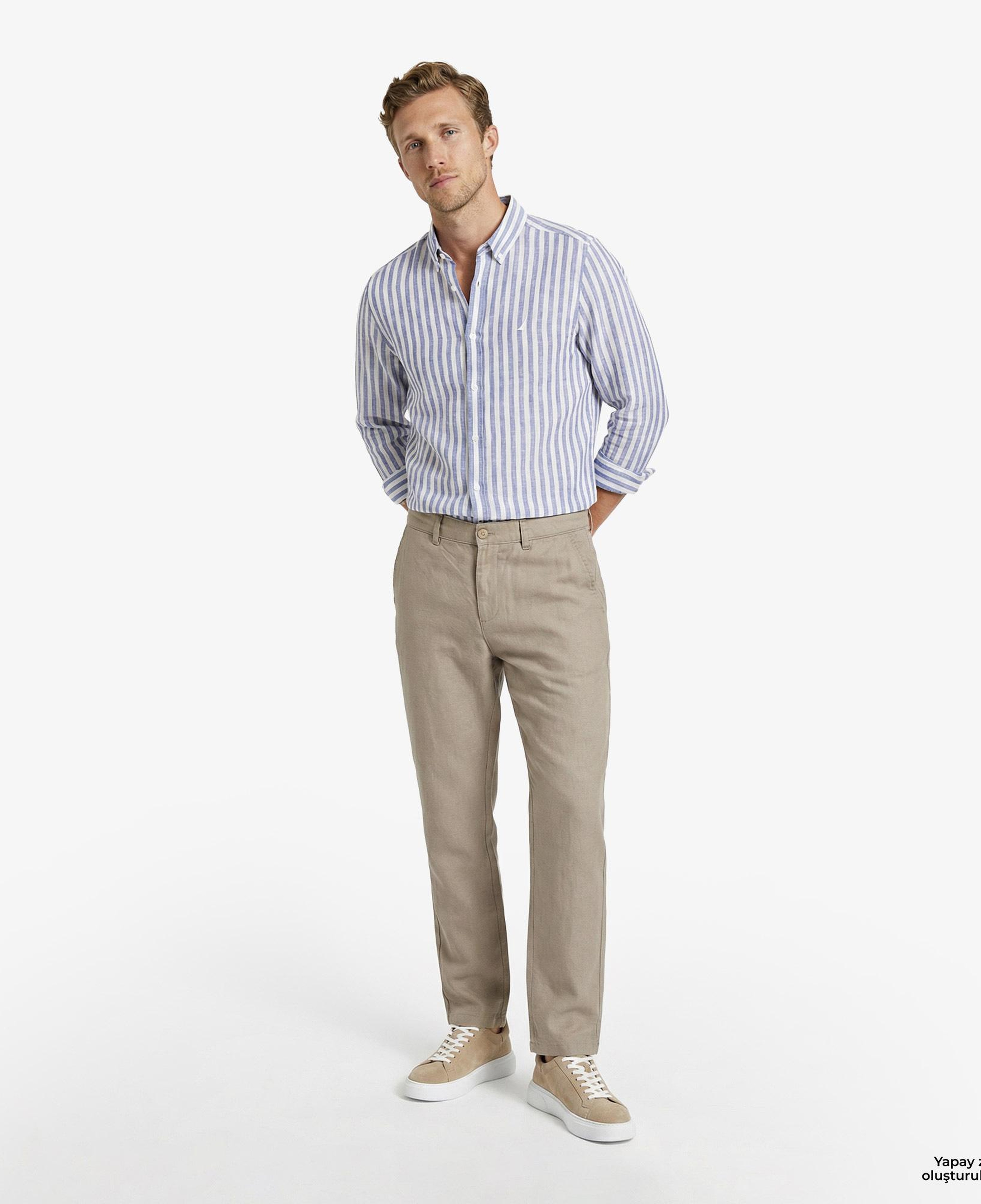 Nautica Erkek Koyu Mavi Regular Fit Çizgili Keten Gömlek