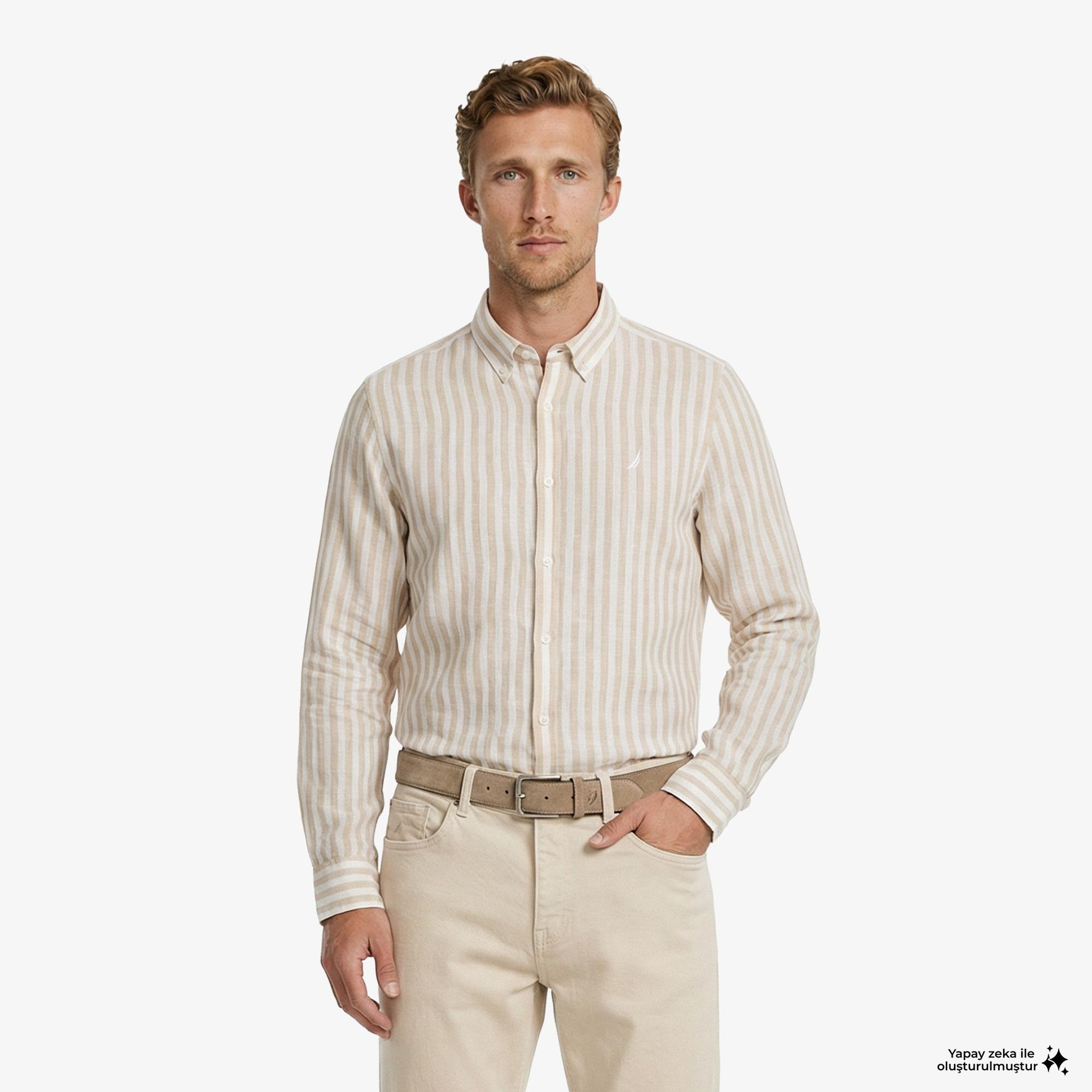 Nautica Erkek Bej Regular Fit Çizgili Keten Gömlek