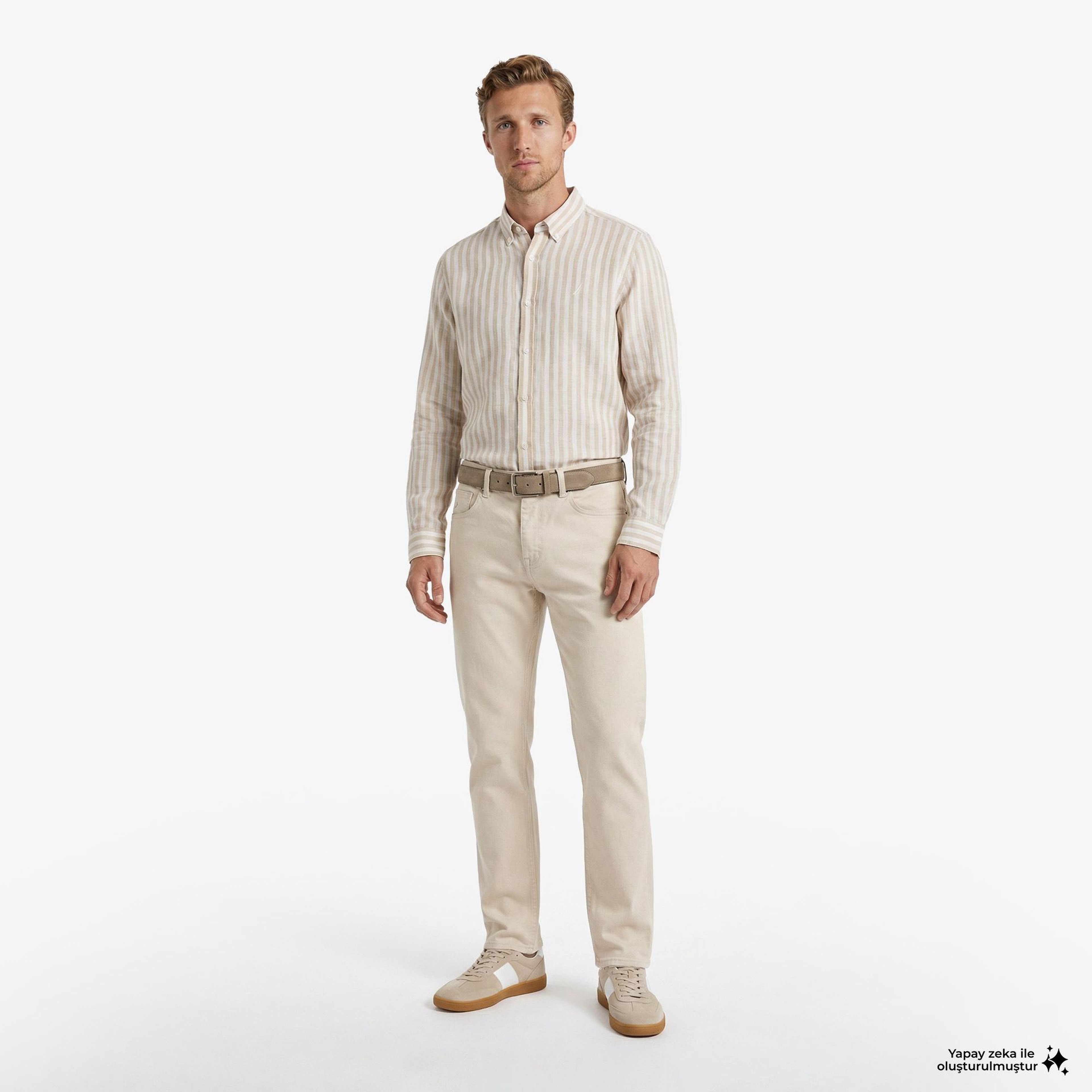 Nautica Erkek Bej Regular Fit Çizgili Keten Gömlek