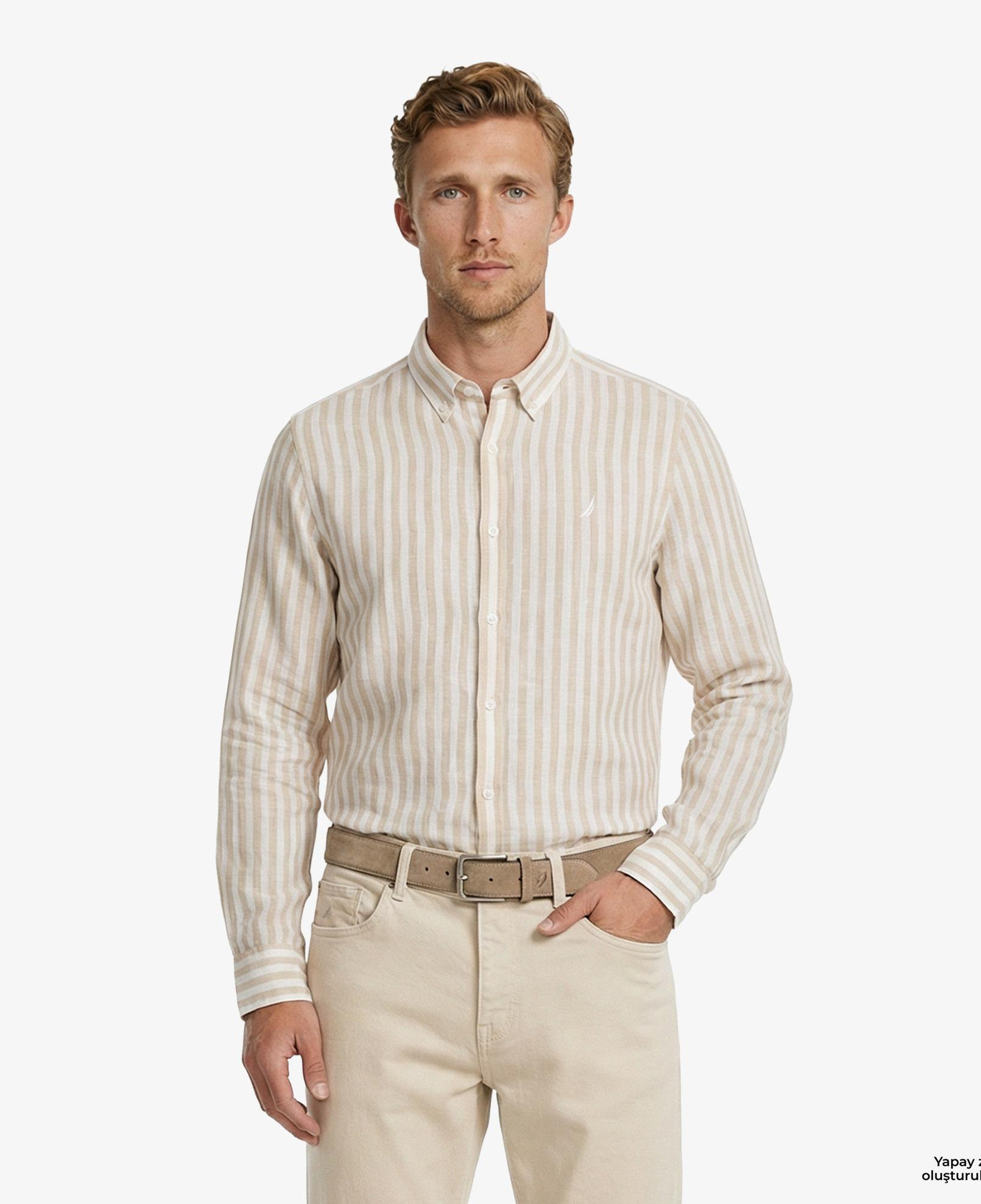 Nautica Erkek Bej Regular Fit Çizgili Keten Gömlek