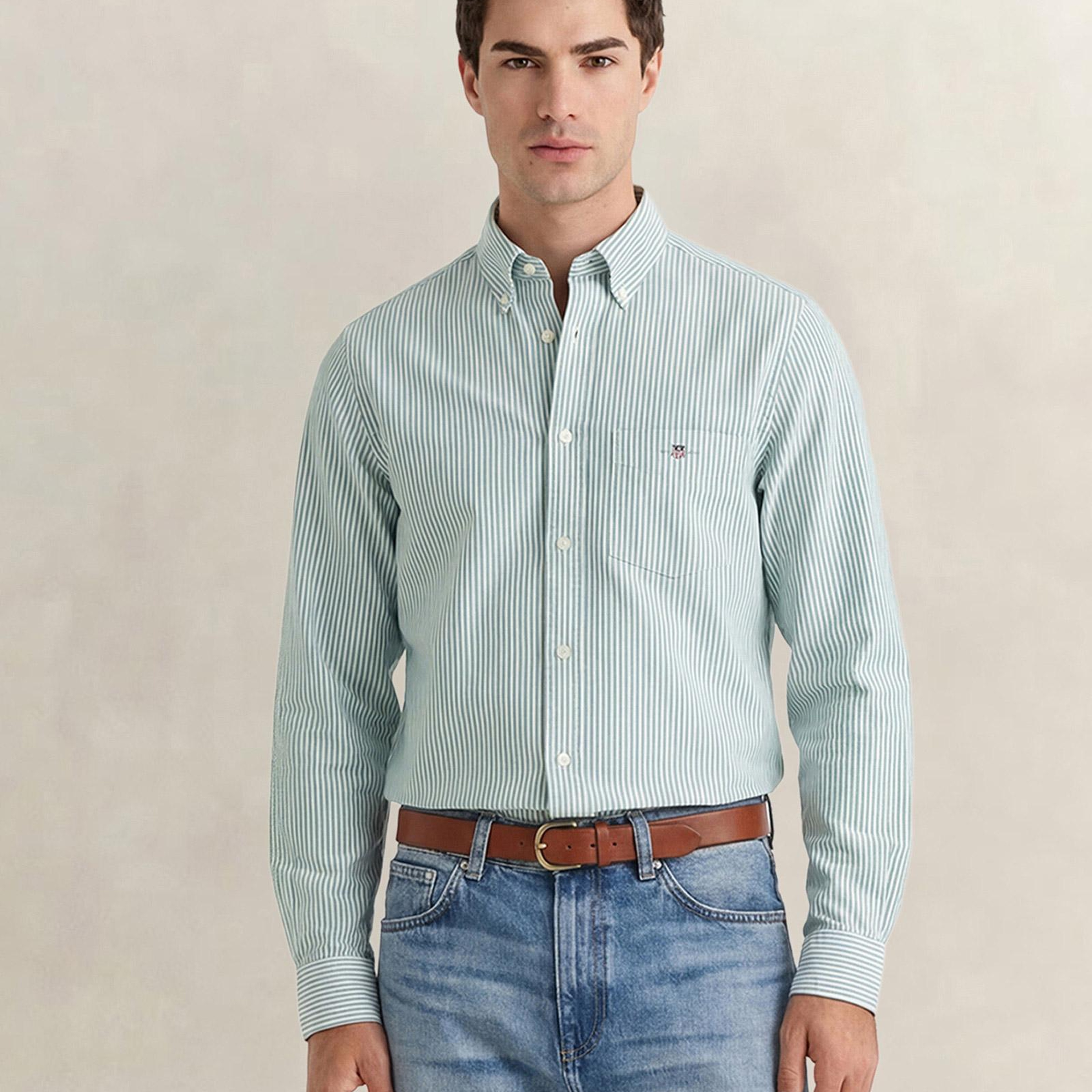 GANT Erkek Yeşil Regular Fit Çizgili Logolu Gömlek