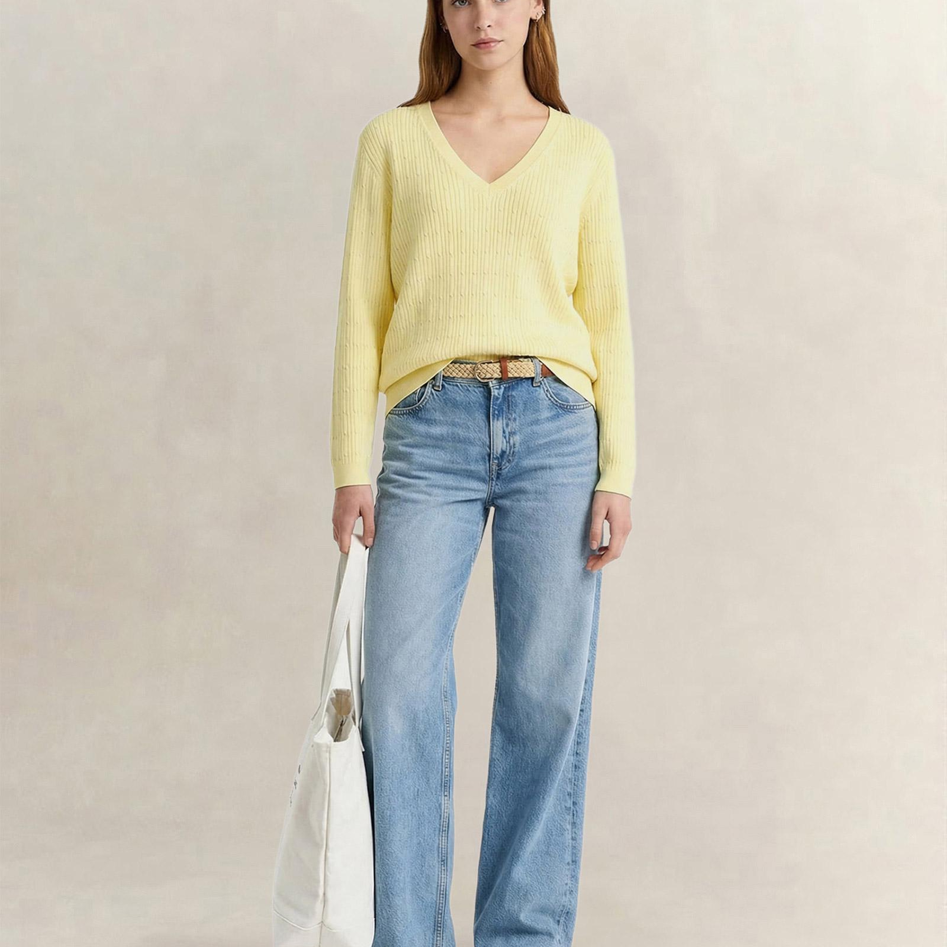 GANT Kadın Sarı Regular Fit V Yaka Kazak