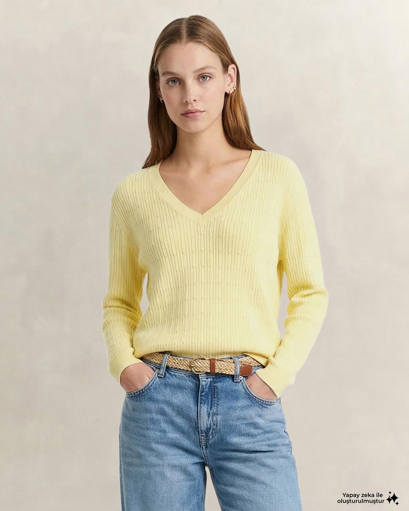 GANT Kadın Sarı Regular Fit V Yaka Kazak