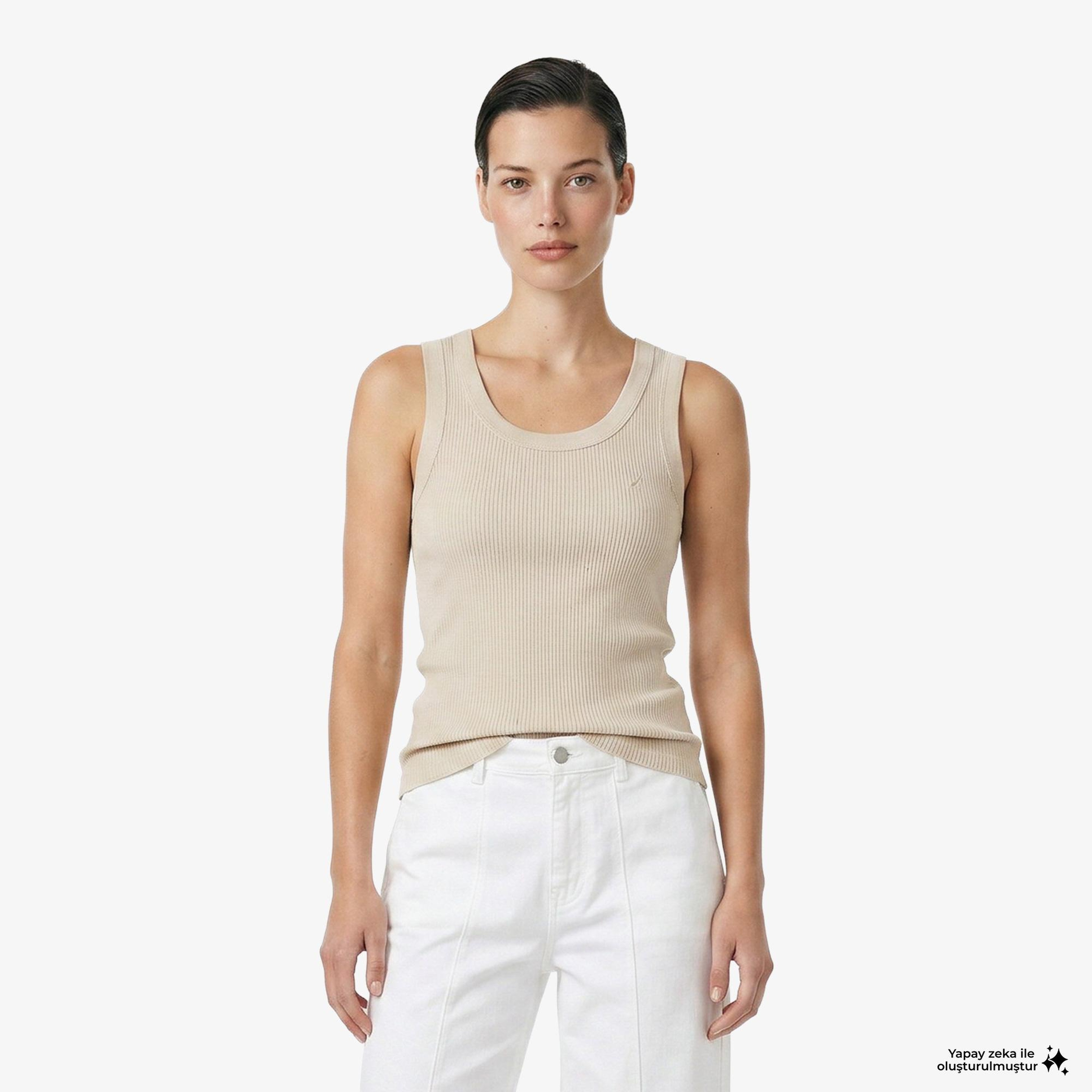 Nautica Kadın Bej Slim Fit Kolsuz T-Shirt
