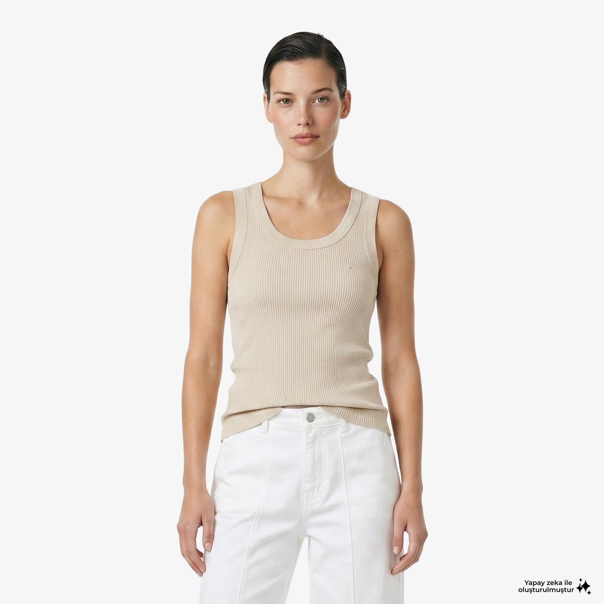 Nautica Kadın Bej Slim Fit Kolsuz T-Shirt