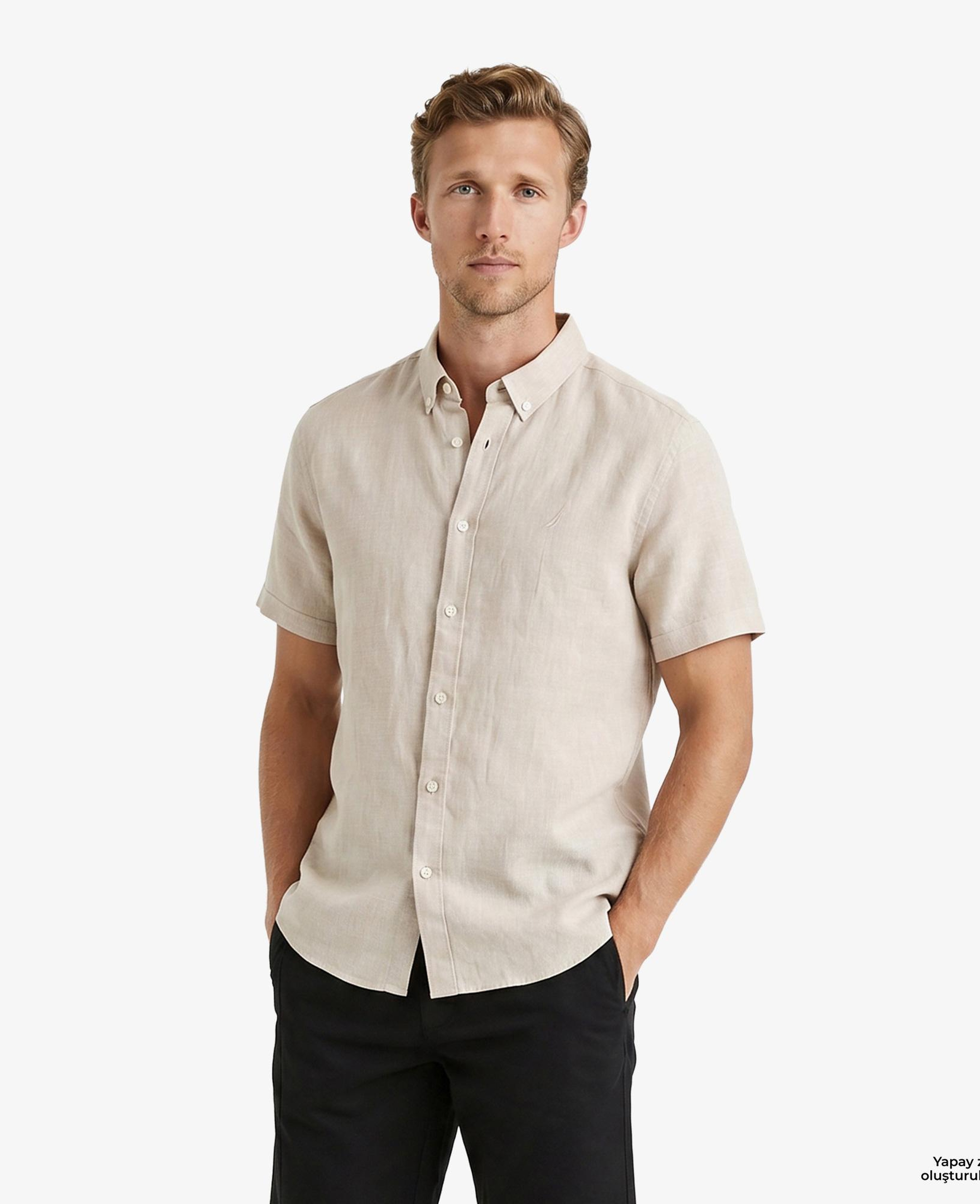 Nautica Erkek Bej Regular Fit Kısa Kollu Keten Gömlek