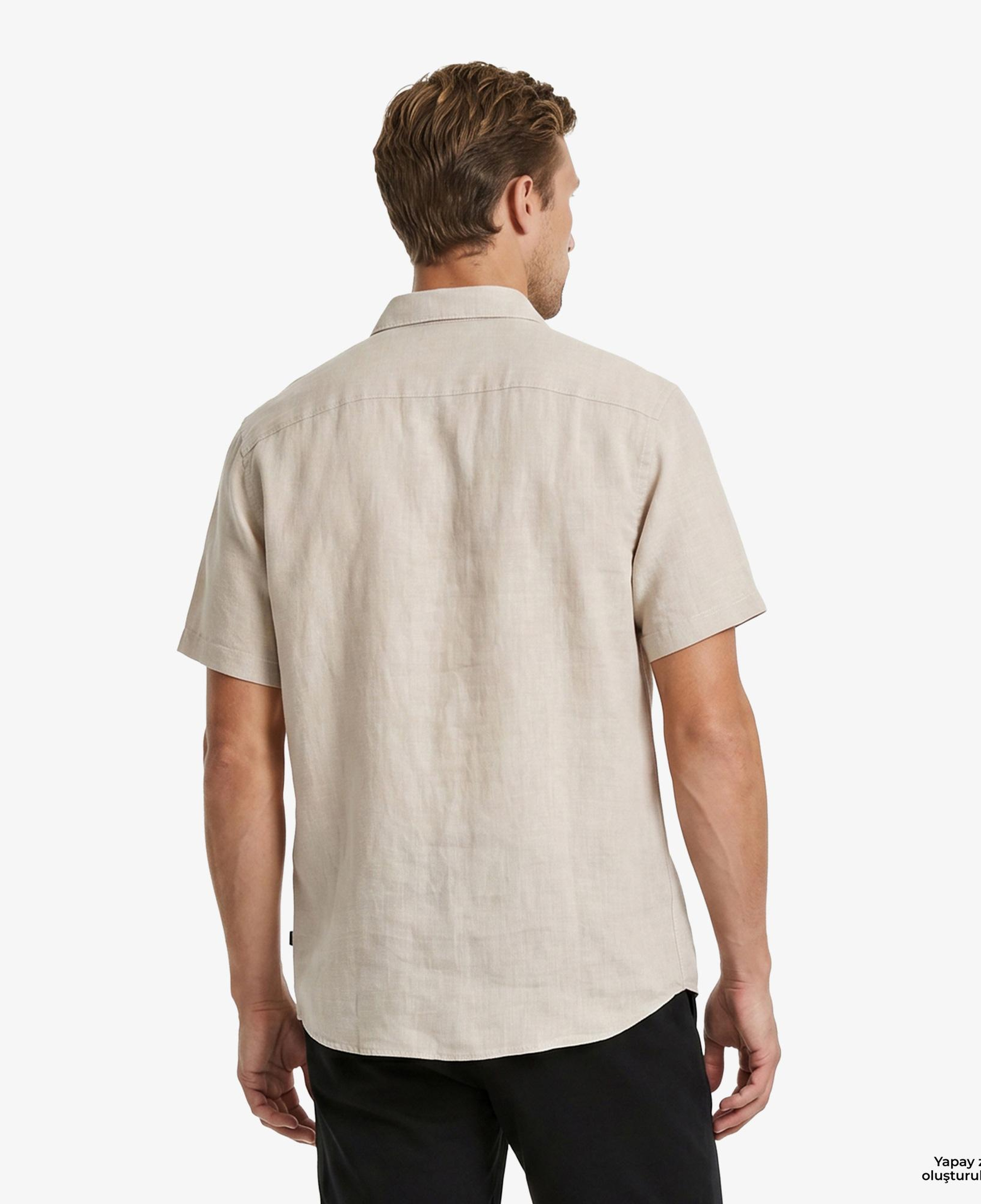 Nautica Erkek Bej Regular Fit Kısa Kollu Keten Gömlek