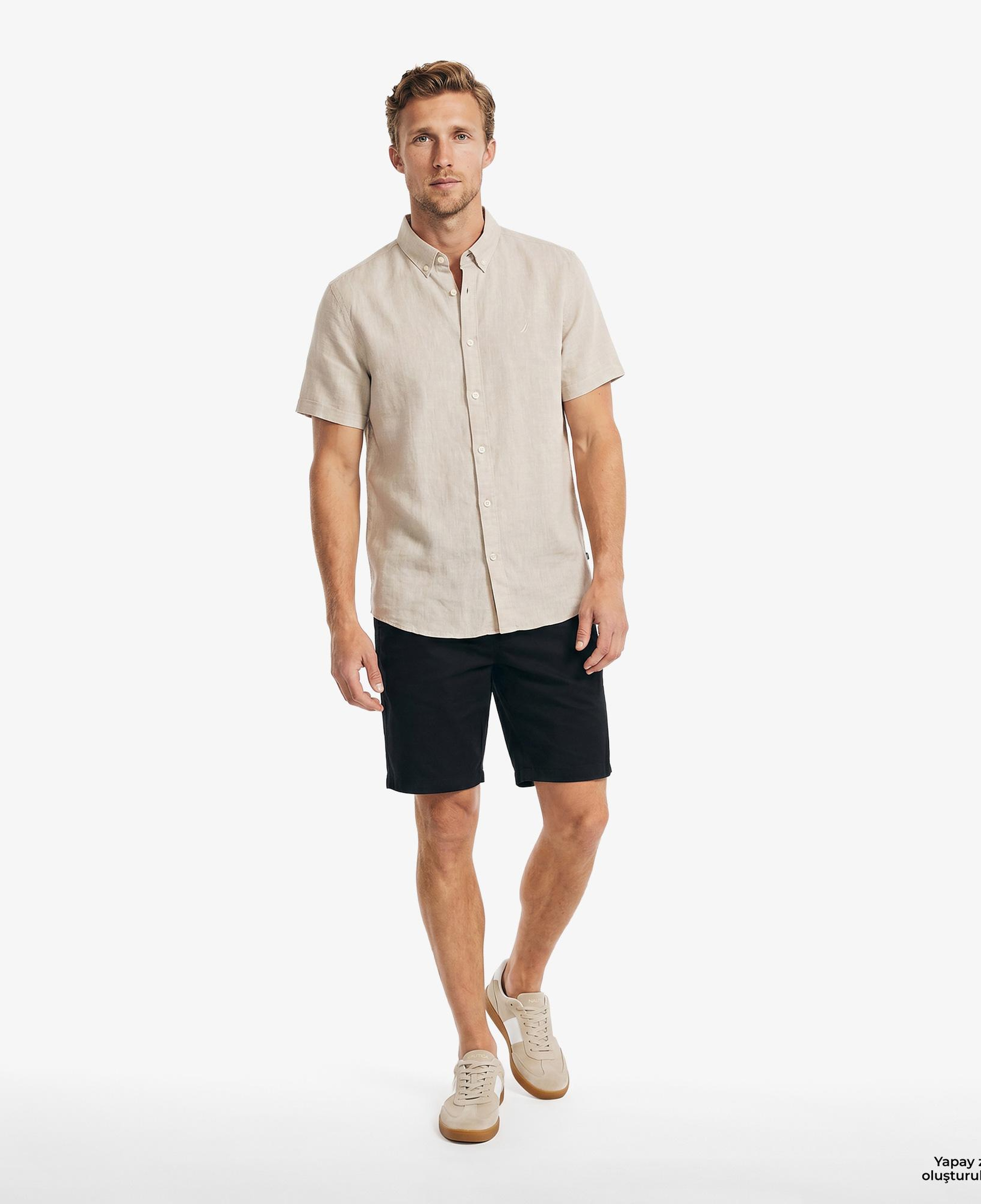 Nautica Erkek Bej Regular Fit Kısa Kollu Keten Gömlek