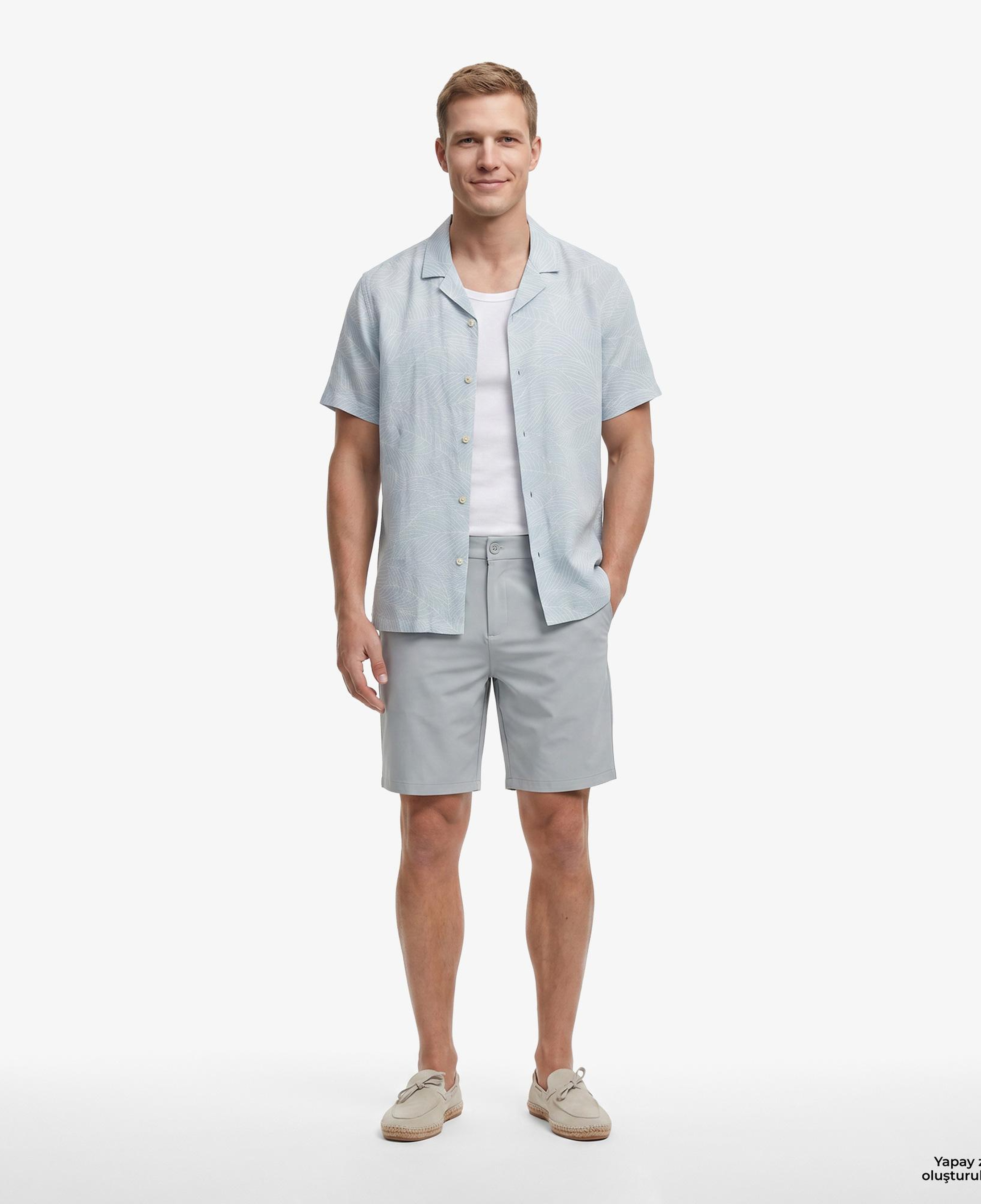 Nautica Erkek Yeşil Regular Fit Kısa Kollu Desenli Keten Gömlek