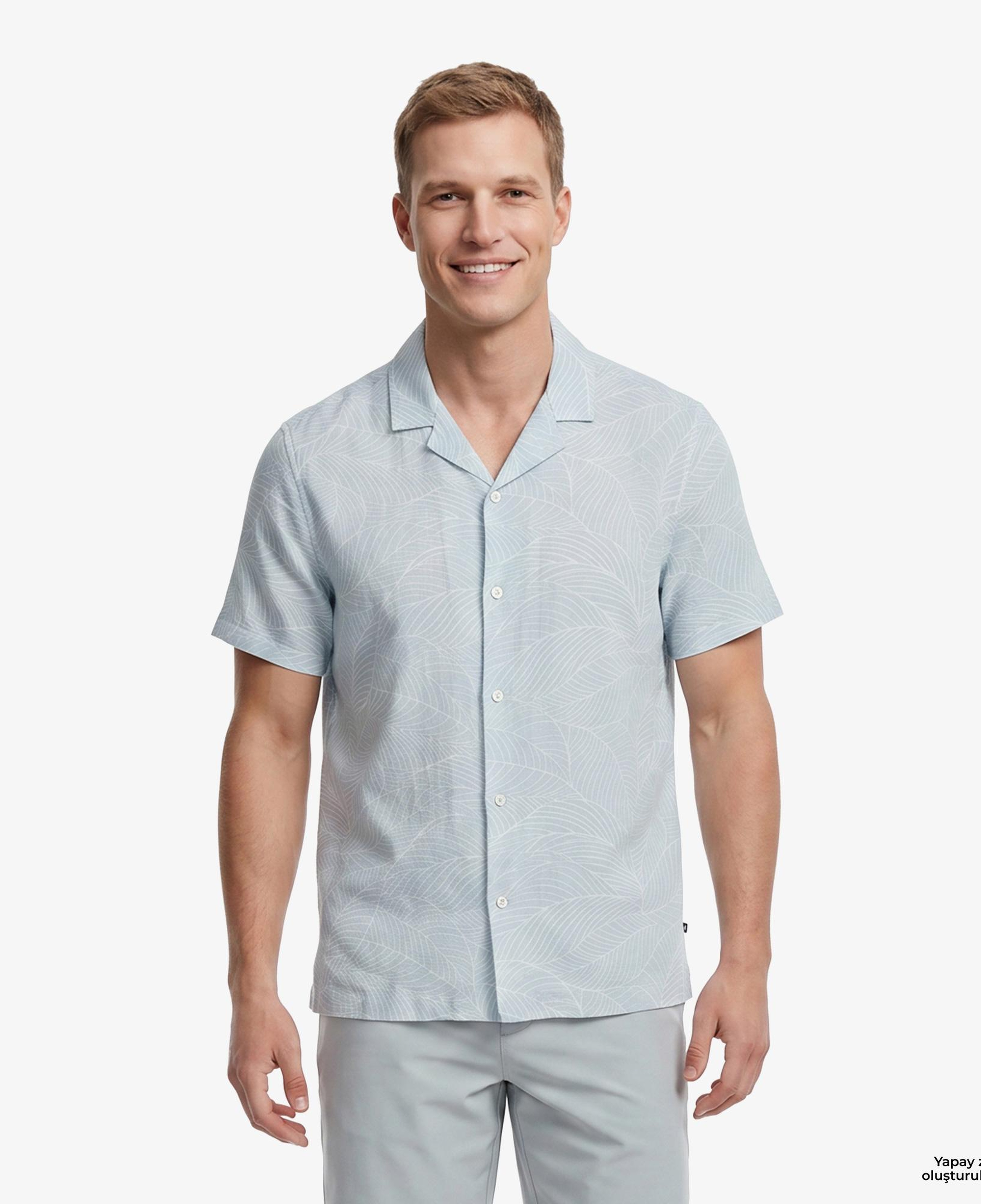 Nautica Erkek Yeşil Regular Fit Kısa Kollu Desenli Keten Gömlek
