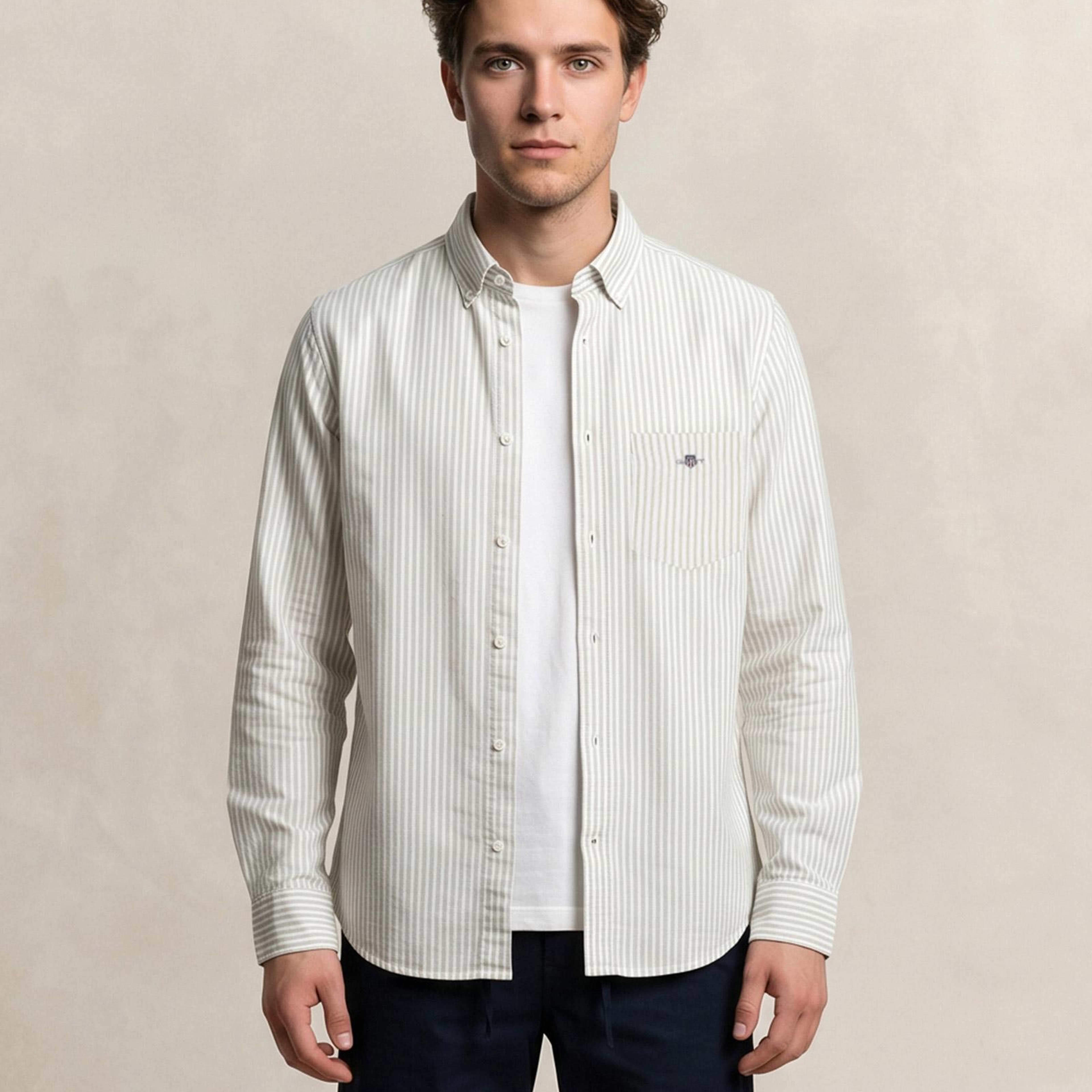 GANT Erkek Yeşil Regular Fit Çizgili Logolu Gömlek