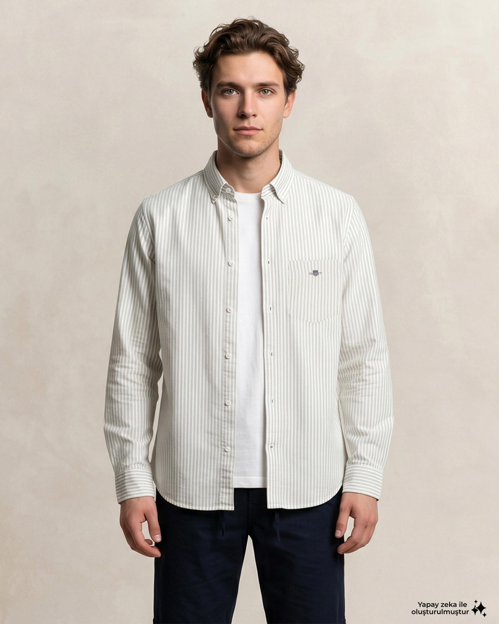 GANT Erkek Yeşil Regular Fit Çizgili Logolu Gömlek