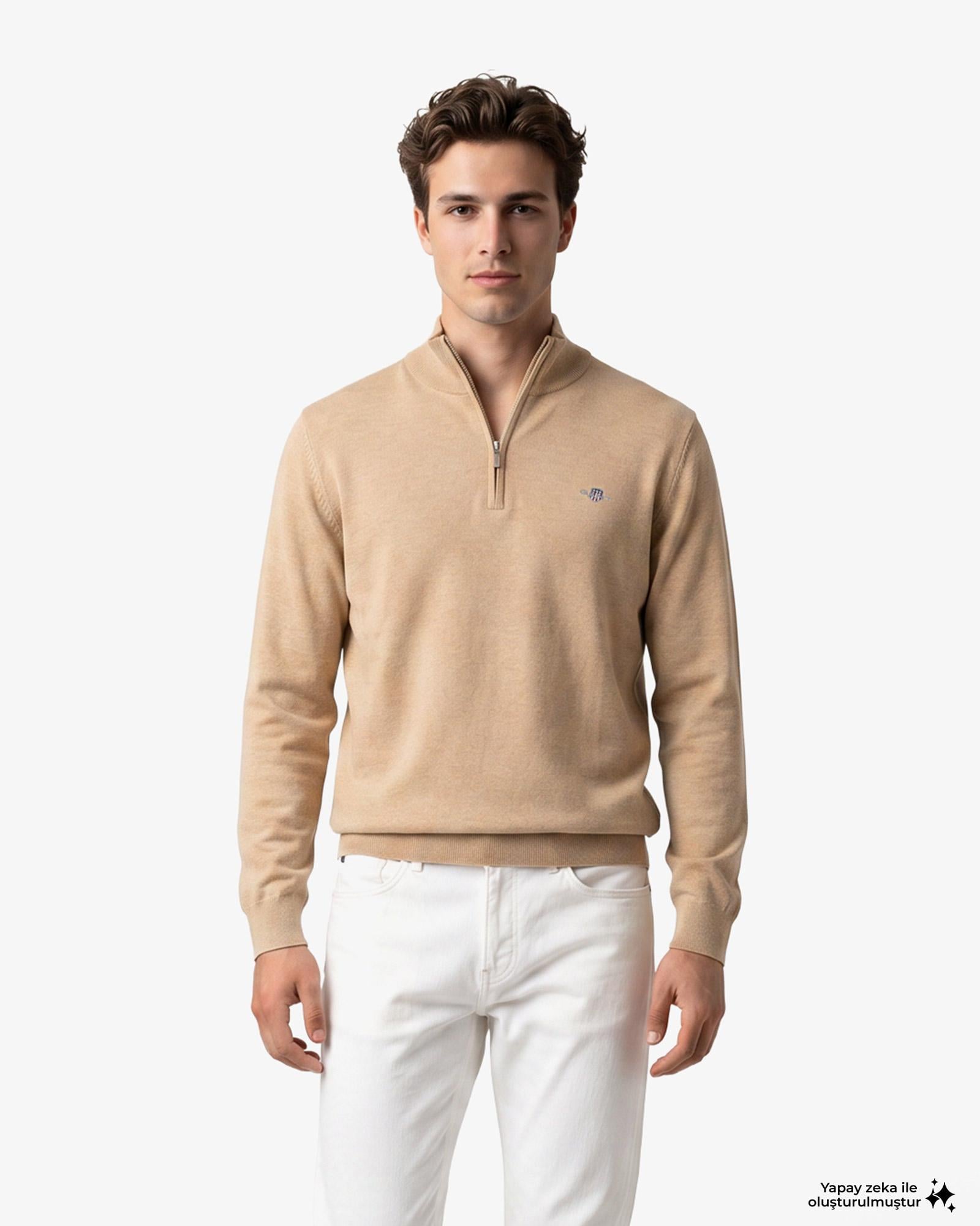 GANT Erkek Bej Regular Fit Yarım Fermuarlı Kazak
