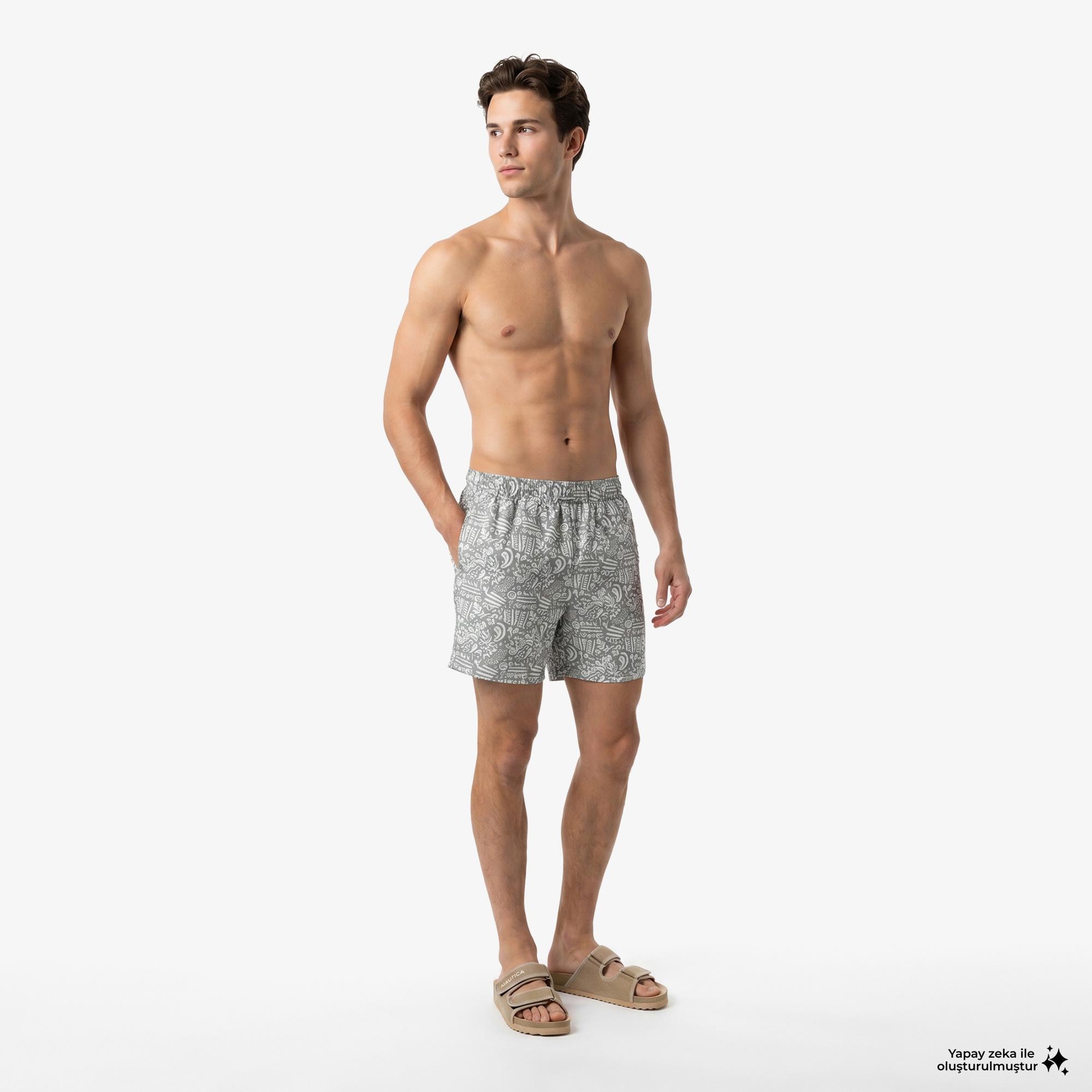 Nautica Erkek Yeşil Regular Fit Desenli Deniz Şortu