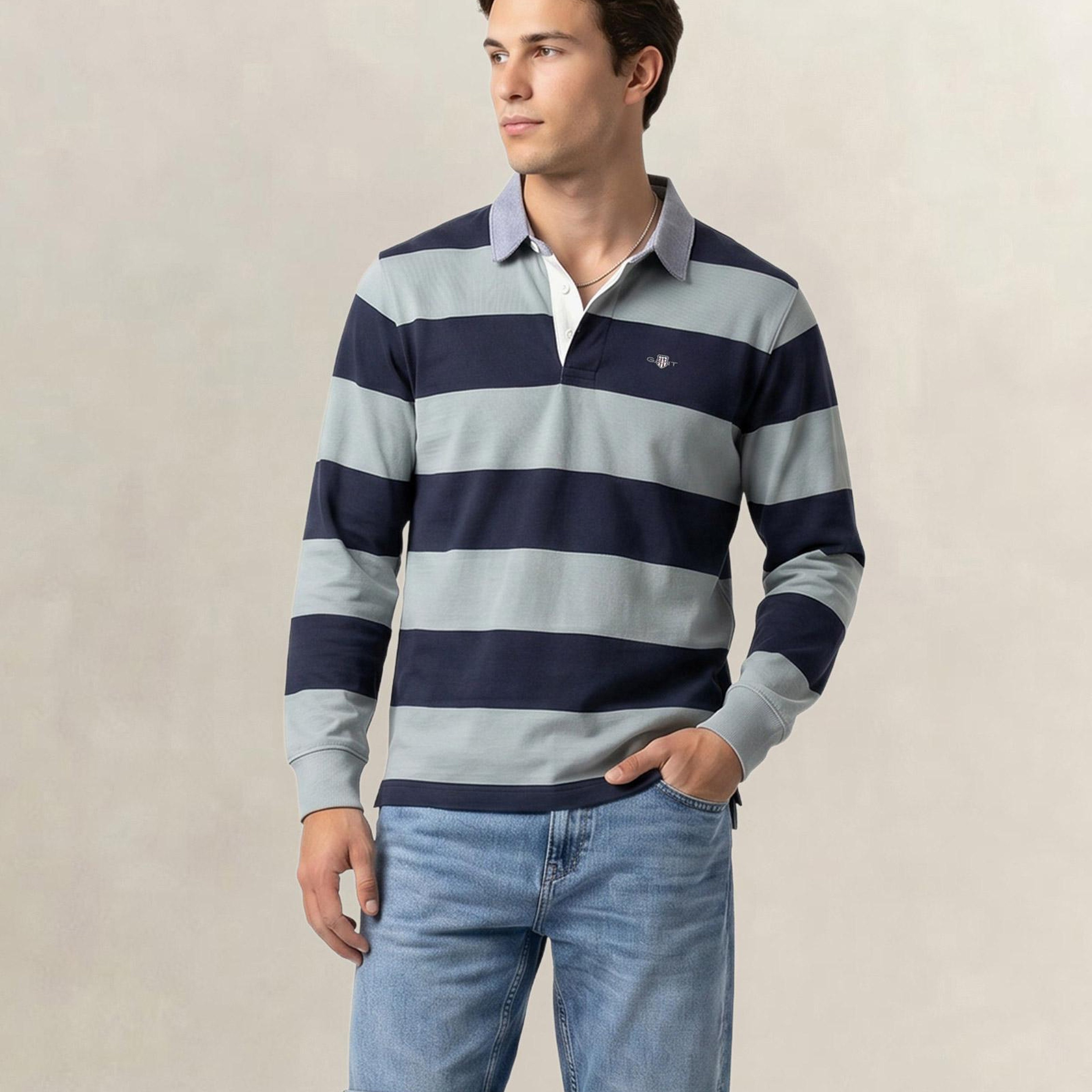 GANT Erkek Yeşil Regular Fit Çizgili Logolu Polo Yaka Rugby T-Shirt