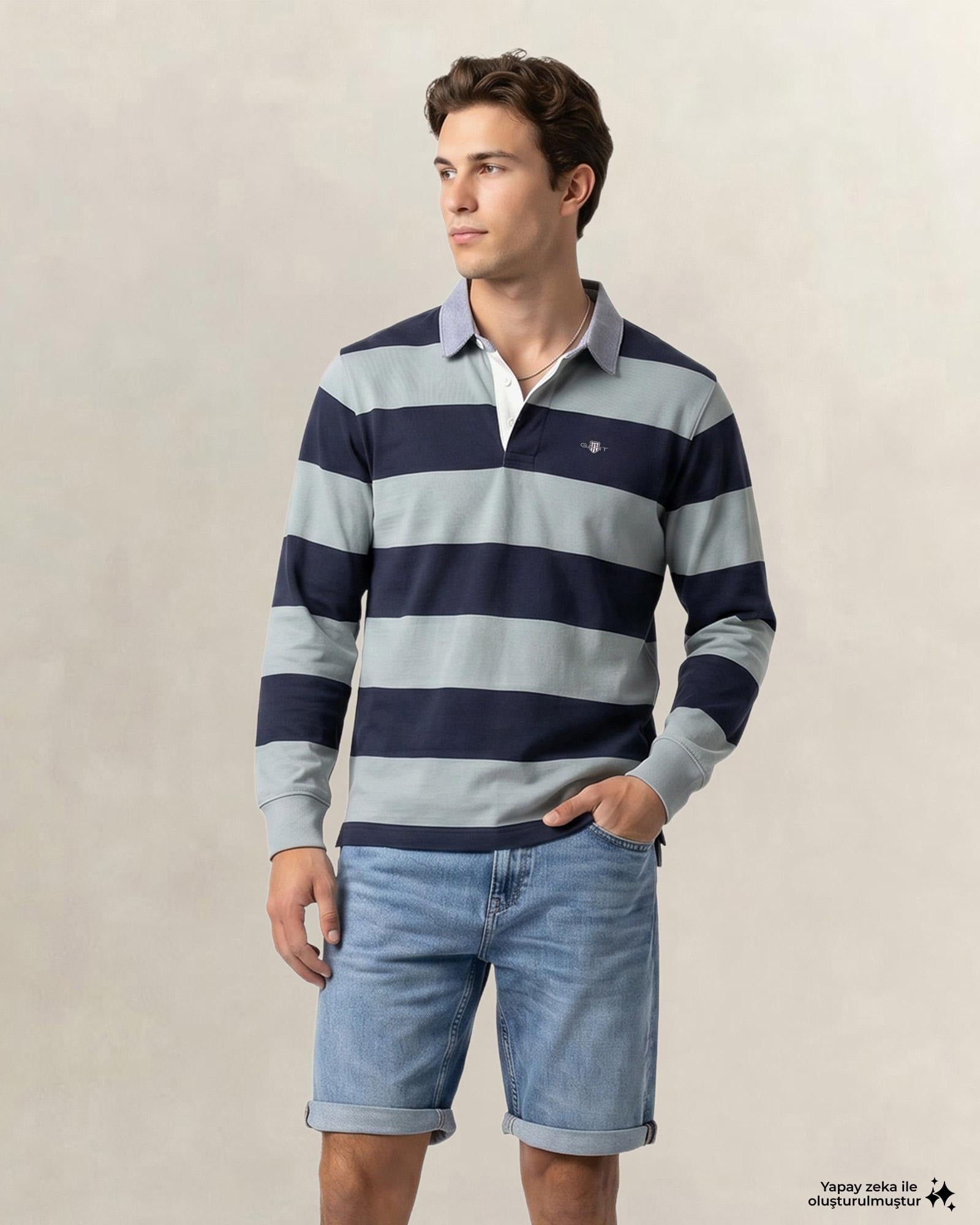 GANT Erkek Yeşil Regular Fit Çizgili Logolu Polo Yaka Rugby T-Shirt