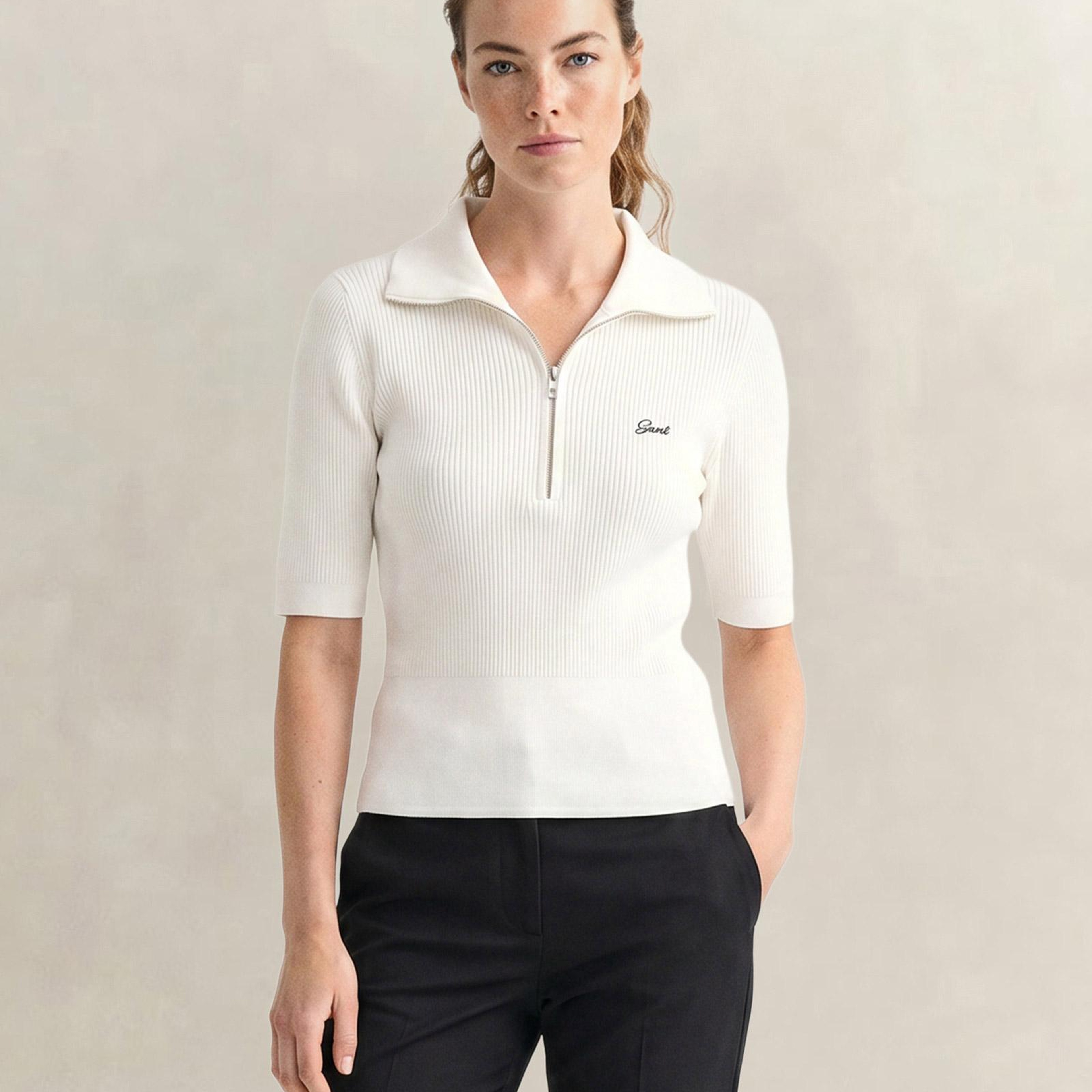 GANT Kadın Beyaz Slim Fit Yarım Kollu Triko