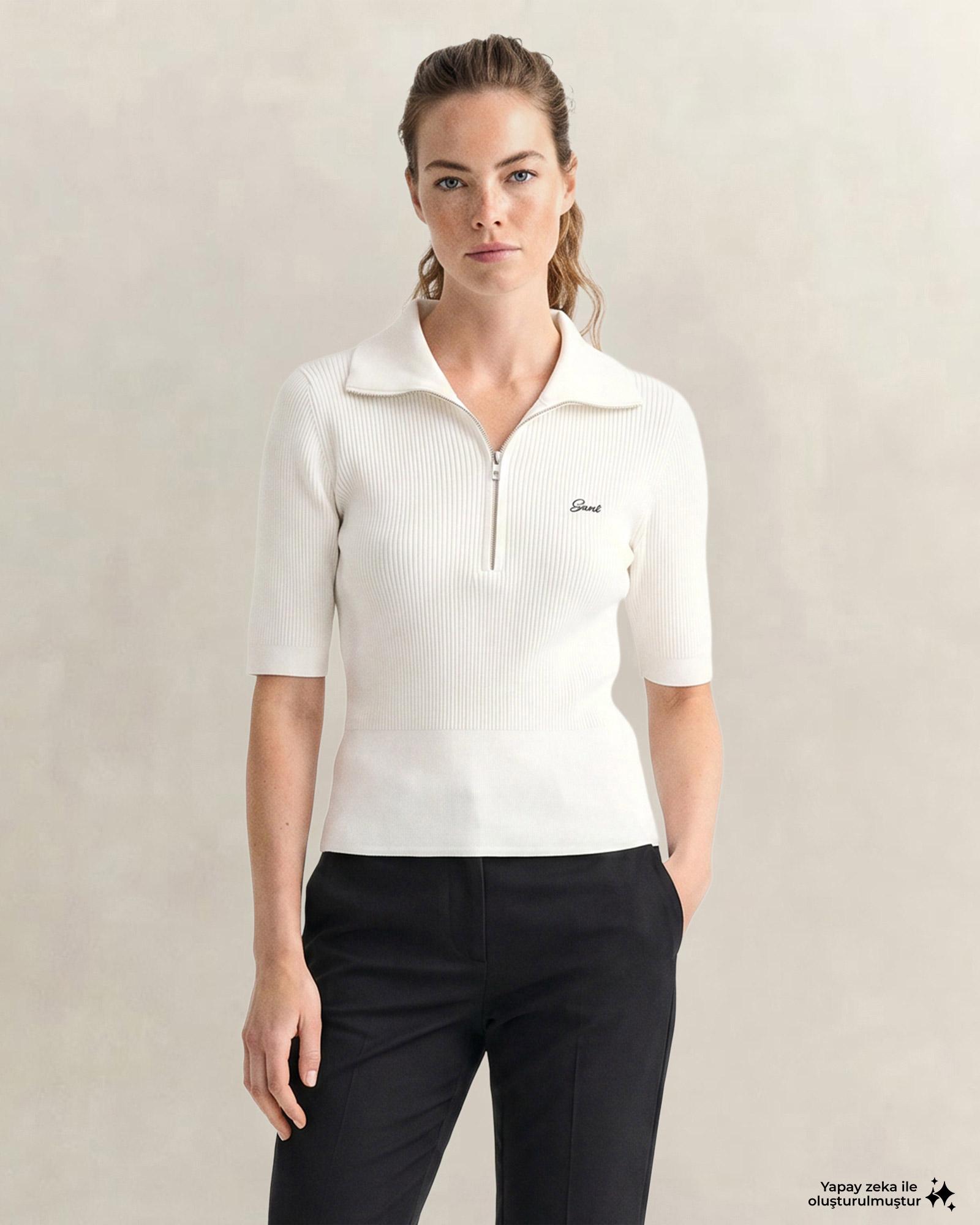 GANT Kadın Beyaz Slim Fit Yarım Kollu Triko